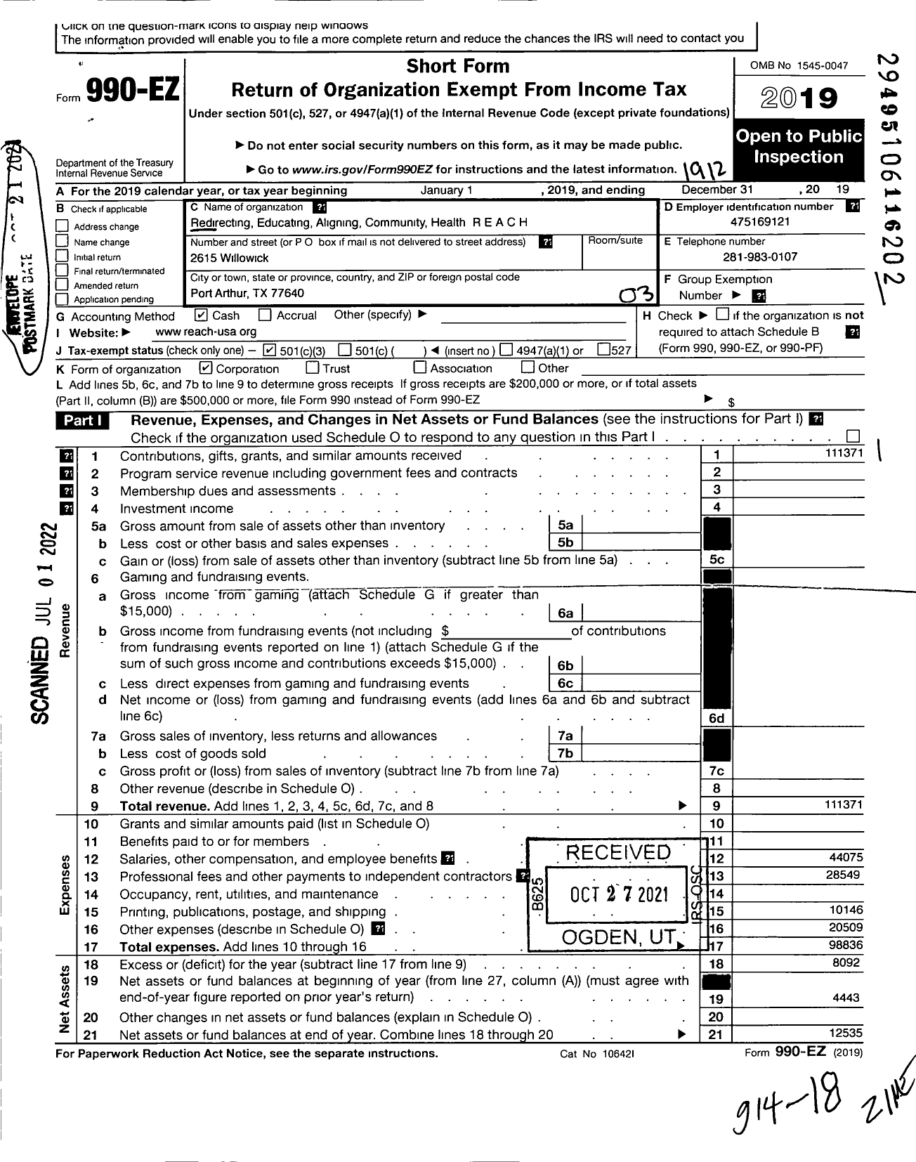 Image of first page of 2019 Form 990EZ for Redirecting Educating Aligning Community Health R E A C H