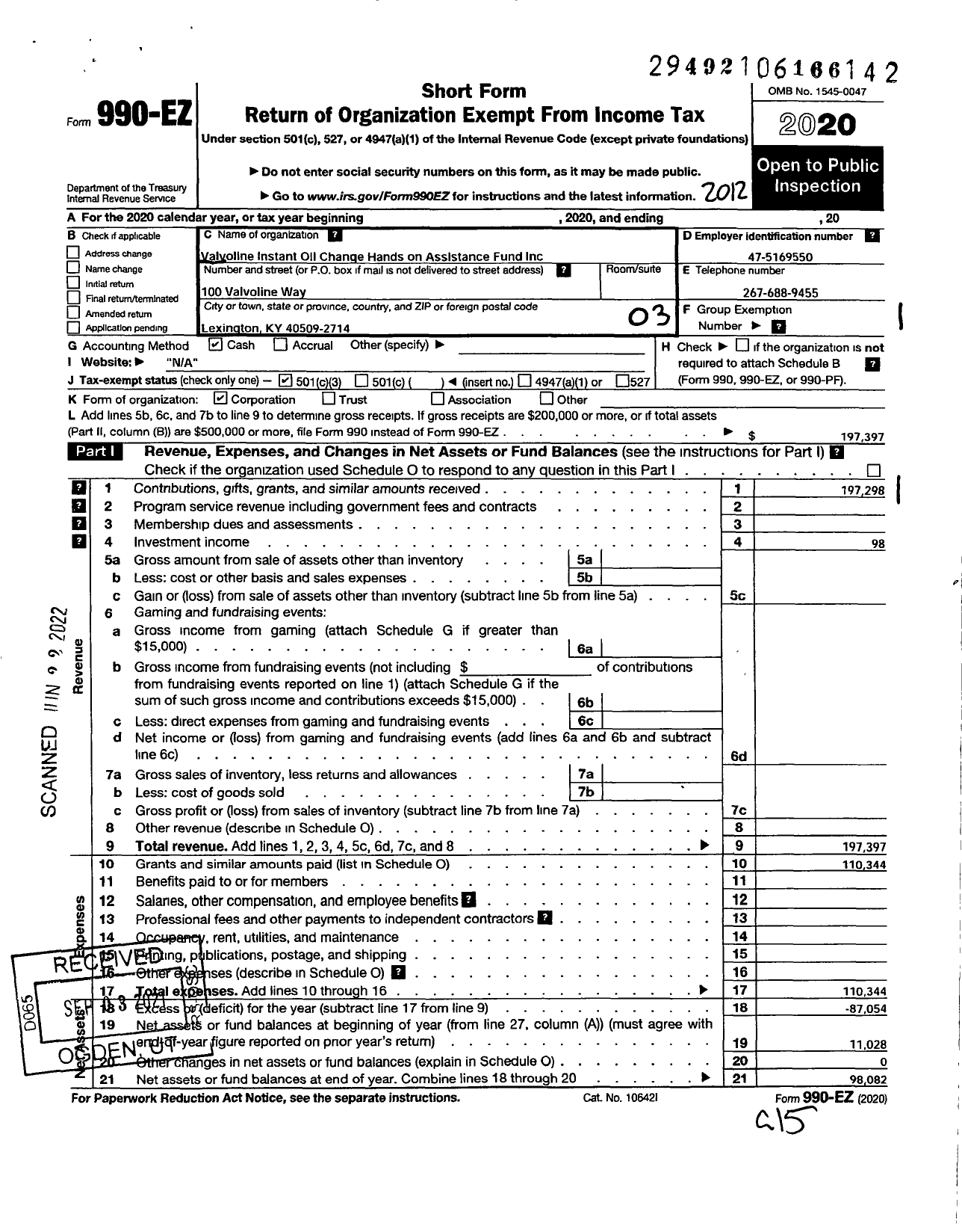 Image of first page of 2020 Form 990EZ for Valvoline Instant Oil Change Hands on Assistance Fund