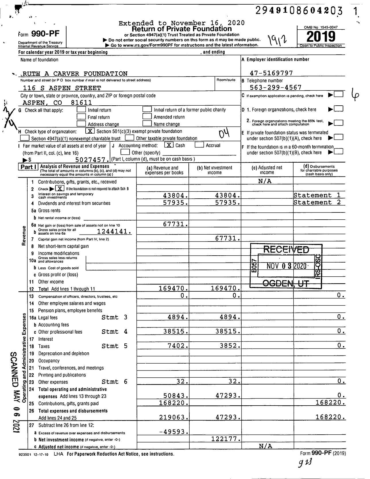 Image of first page of 2019 Form 990PF for Ruth A Carver Foundation