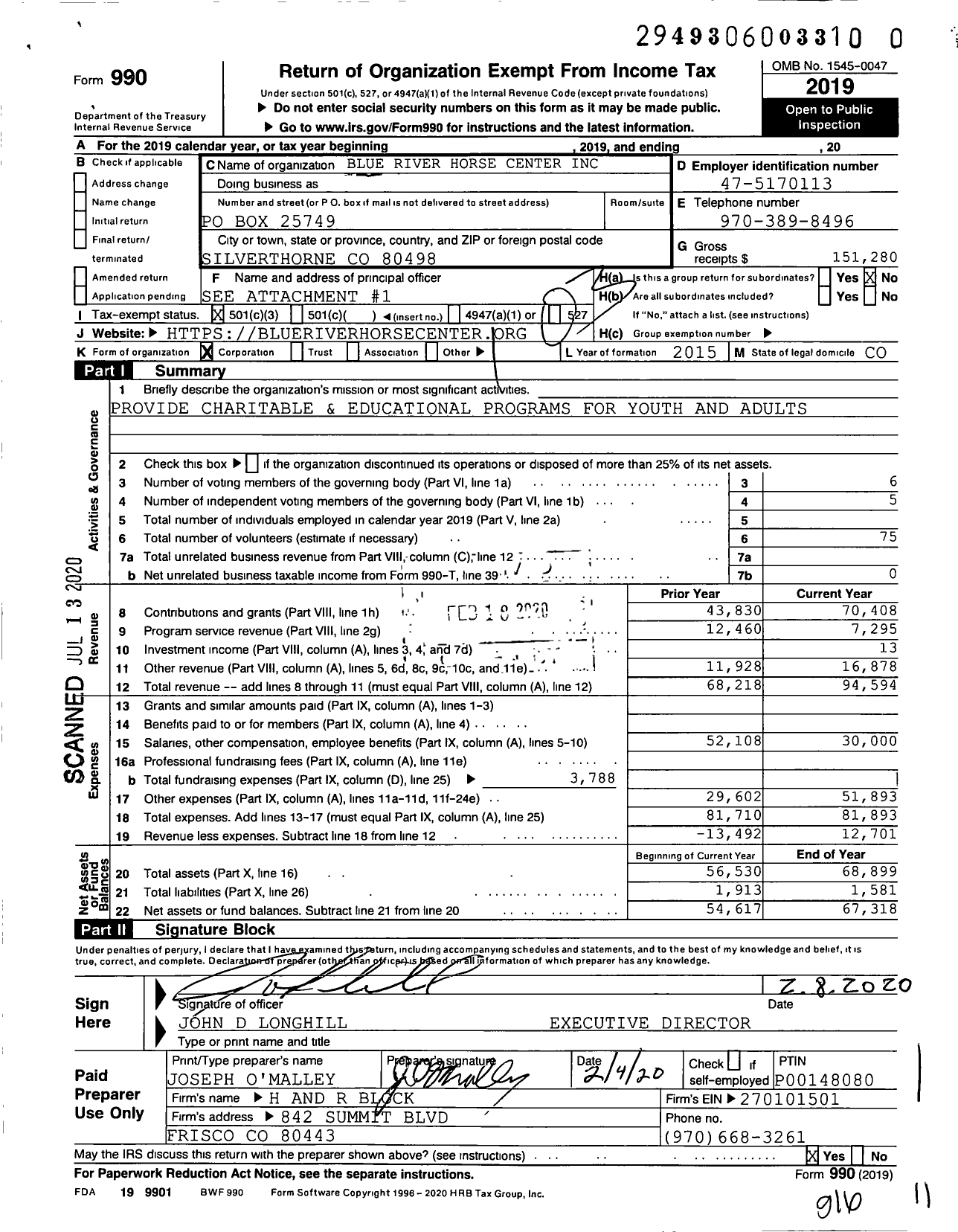 Image of first page of 2019 Form 990 for Summit Valley Horse Center