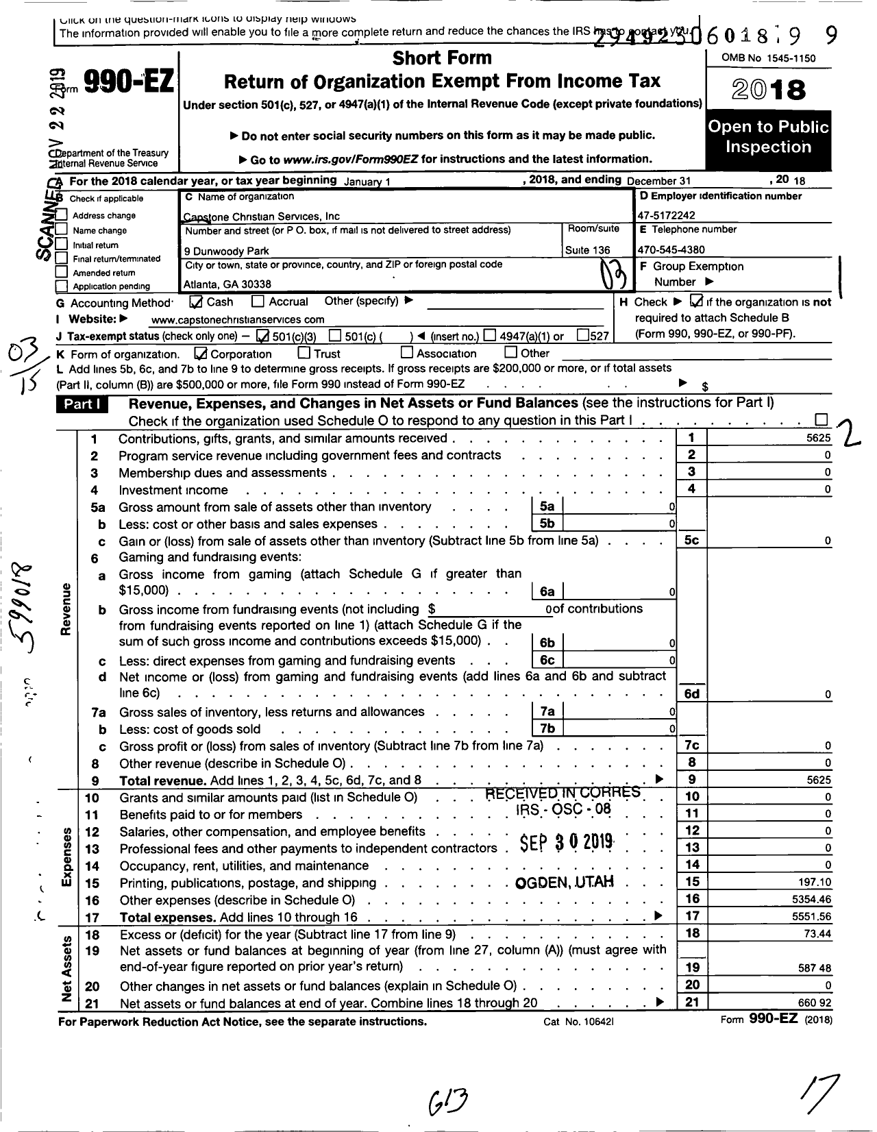 Image of first page of 2018 Form 990EZ for Capstone Community Services Foundation