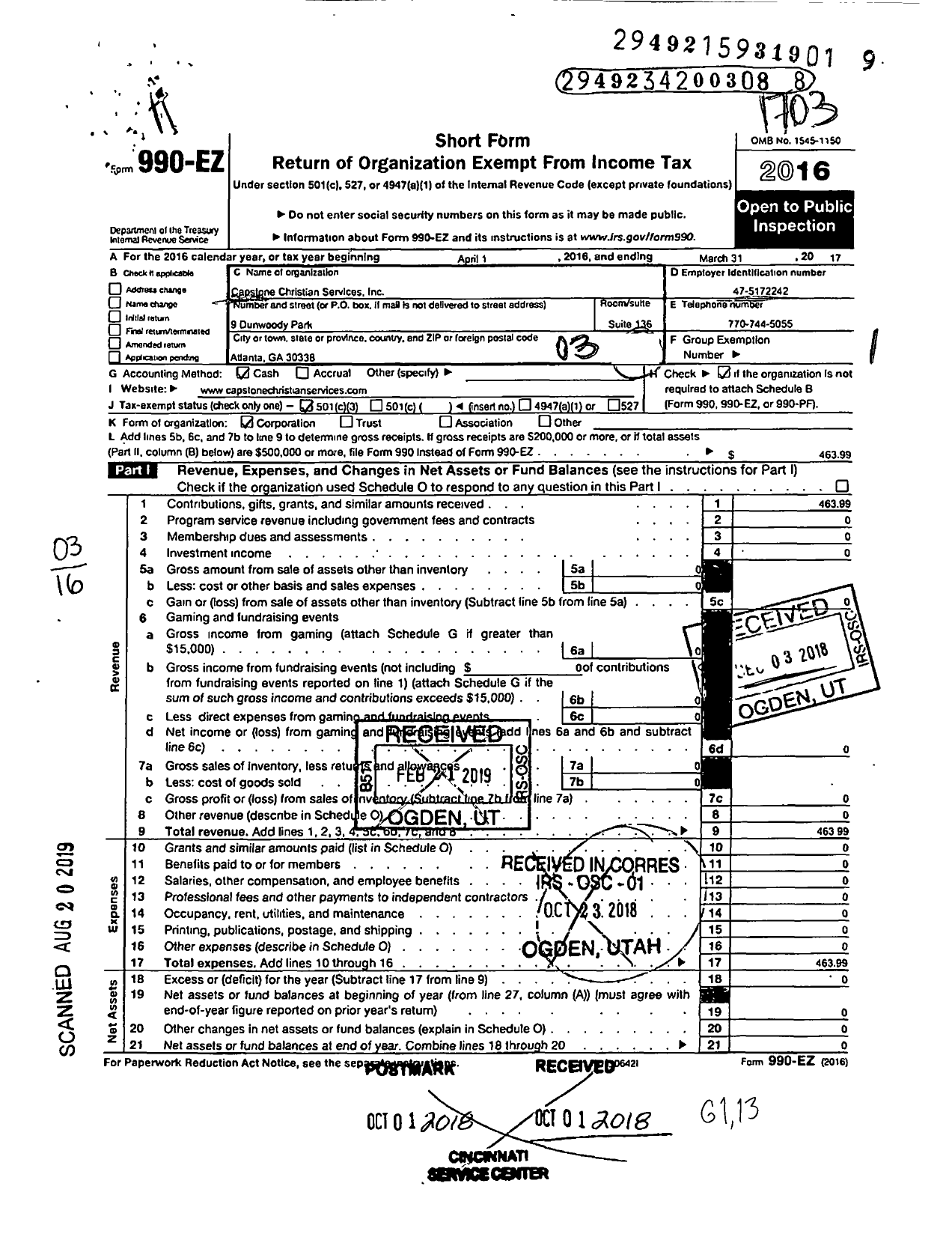 Image of first page of 2016 Form 990EZ for Capstone Community Services Foundation