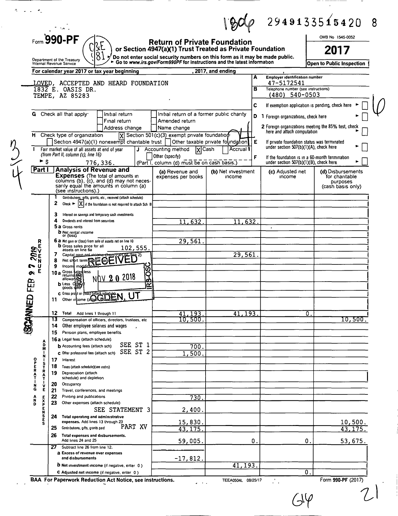 Image of first page of 2017 Form 990PF for Loved Accepted and Heard Foundation