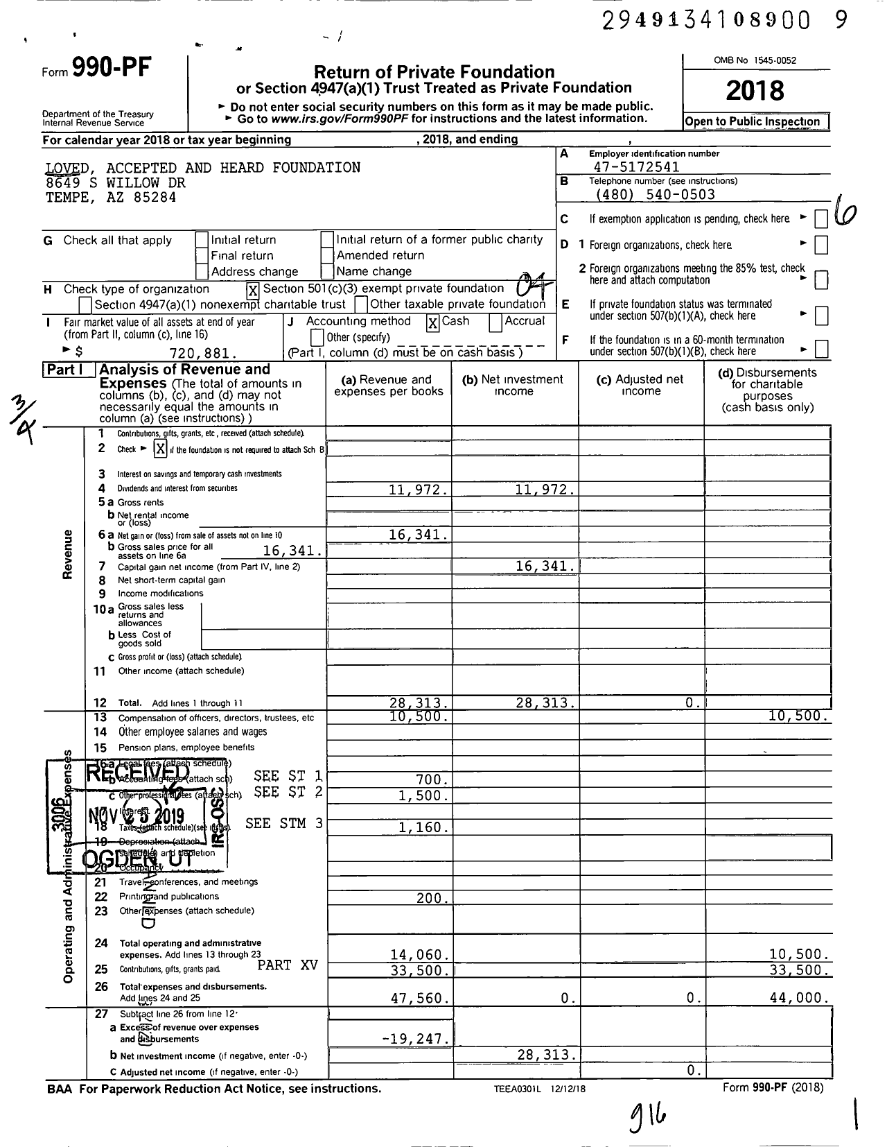 Image of first page of 2018 Form 990PF for Loved Accepted and Heard Foundation