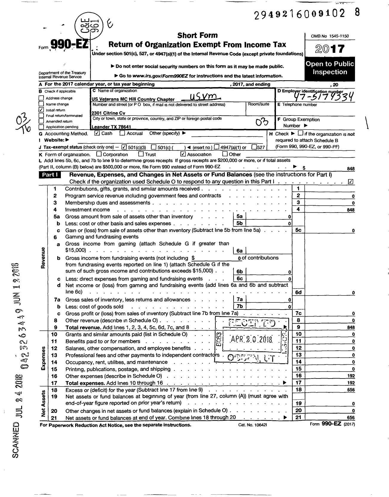 Image of first page of 2017 Form 990EZ for Us Veterans MC Hill Country Chapter