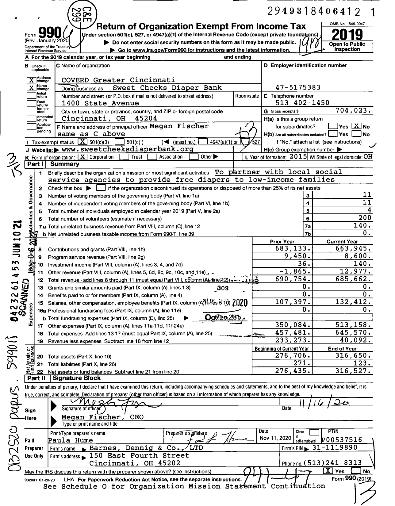 Image of first page of 2019 Form 990 for Sweet Cheeks DIaper Bank