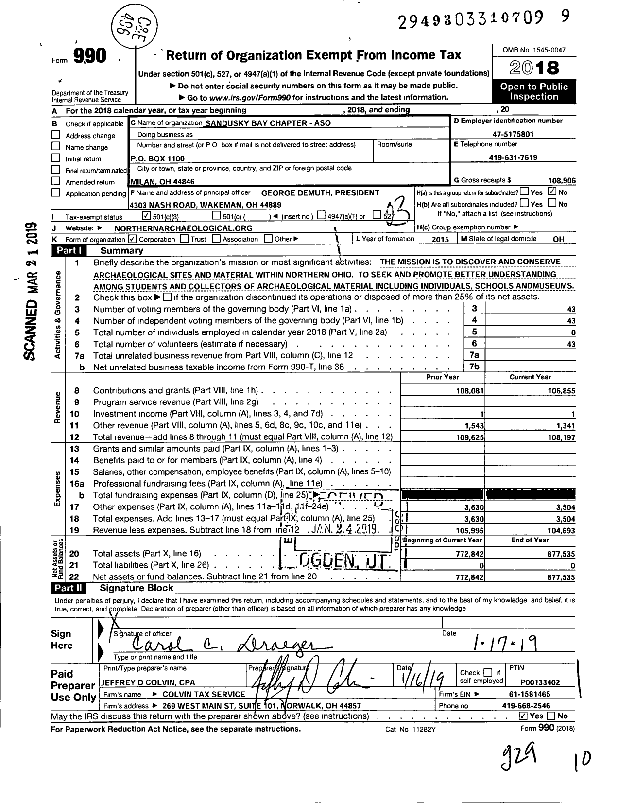 Image of first page of 2018 Form 990 for Sandusky Bay Chapter - Aso