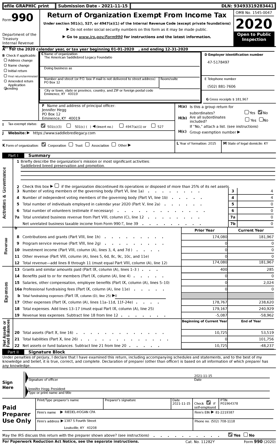 Image of first page of 2020 Form 990 for The American Saddlebred Legacy Foundatio