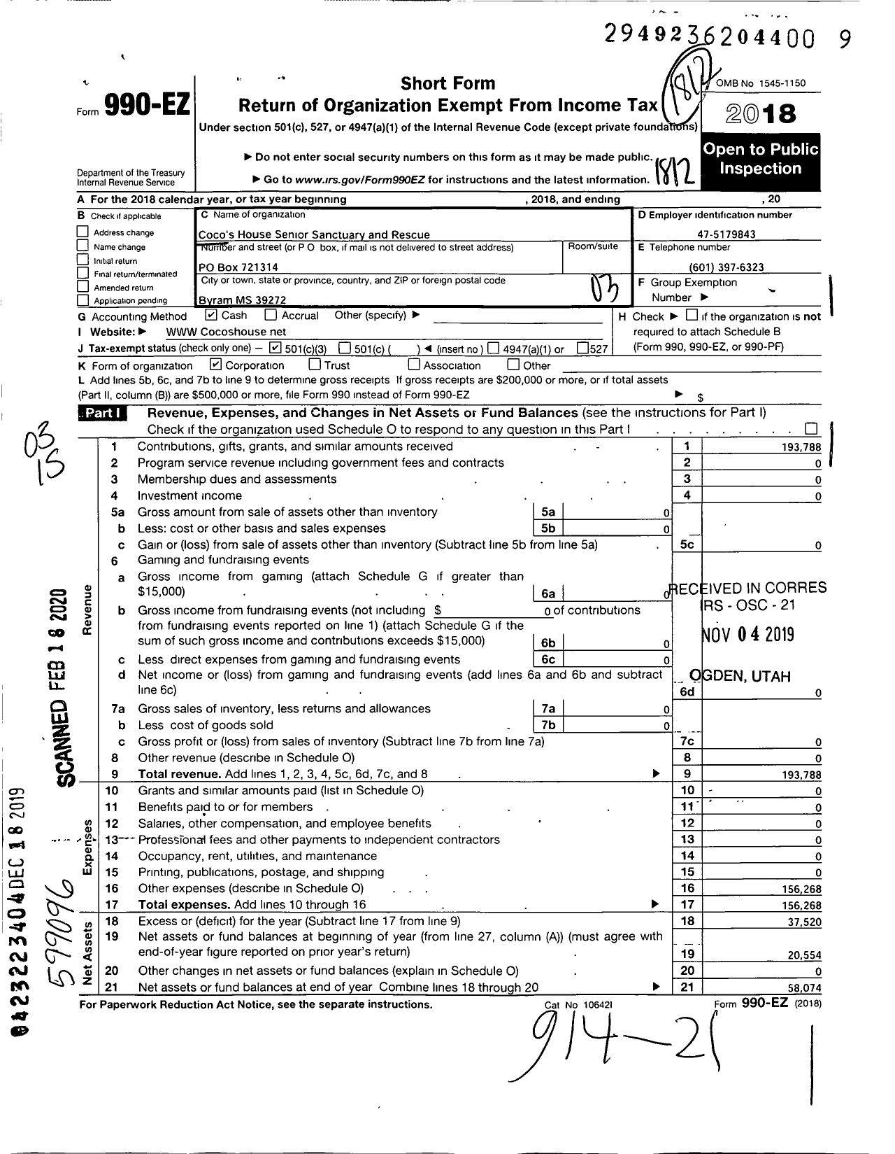 Image of first page of 2018 Form 990EZ for Cocos House Senior Sanctuary and Rescue
