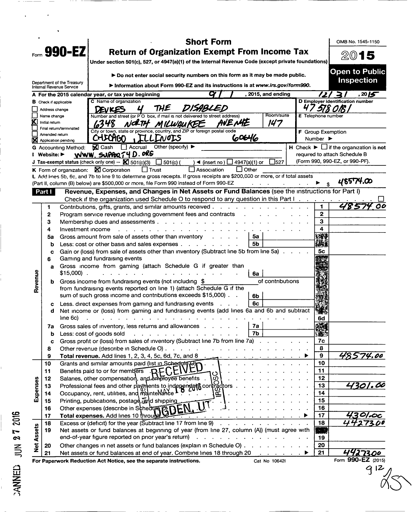 Image of first page of 2015 Form 990EZ for Devices 4 the Disabled