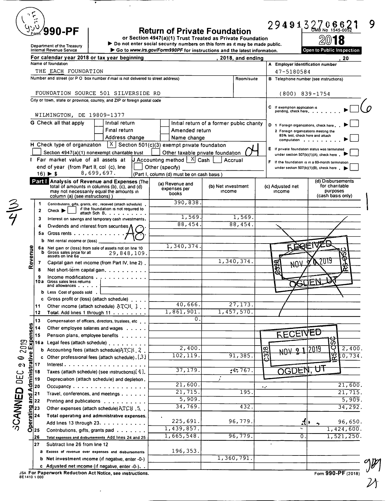 Image of first page of 2018 Form 990PF for The EACH Foundation