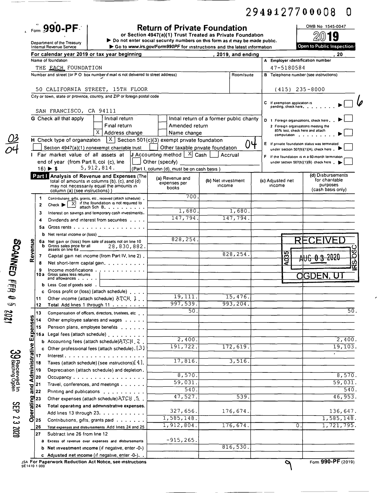 Image of first page of 2019 Form 990PF for The EACH Foundation