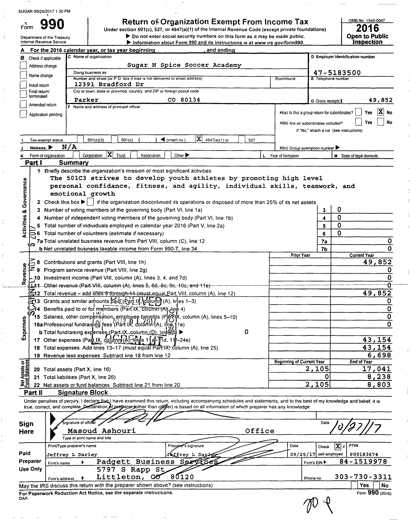 Image of first page of 2016 Form 990O for Colorado Elevation FC