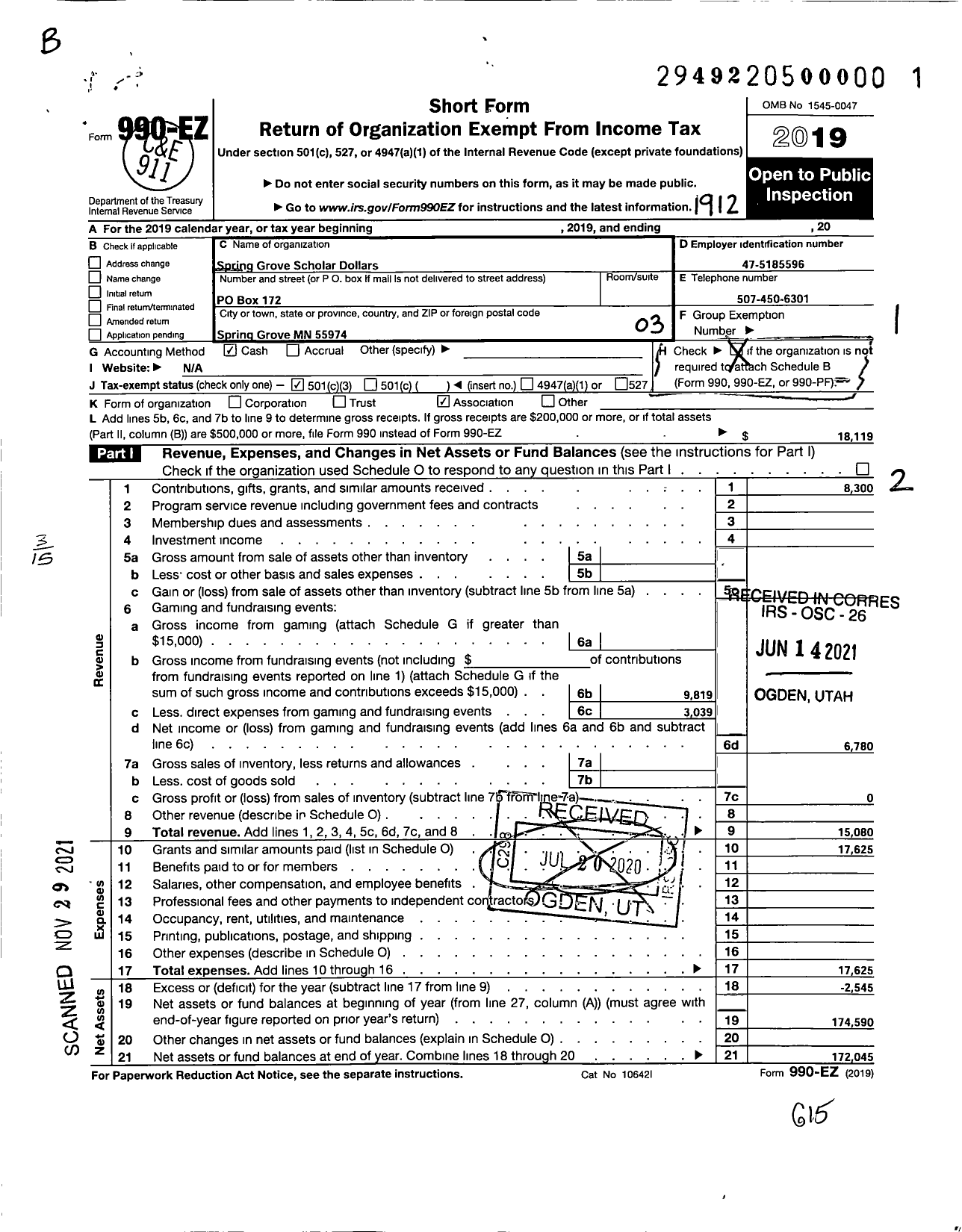 Image of first page of 2019 Form 990EZ for Spring Grove Scholar Dollars