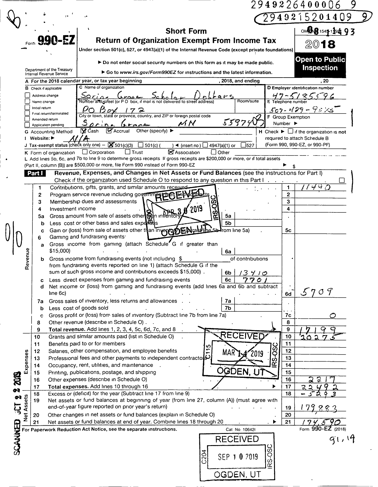 Image of first page of 2018 Form 990EZ for Spring Grove Scholar Dollars