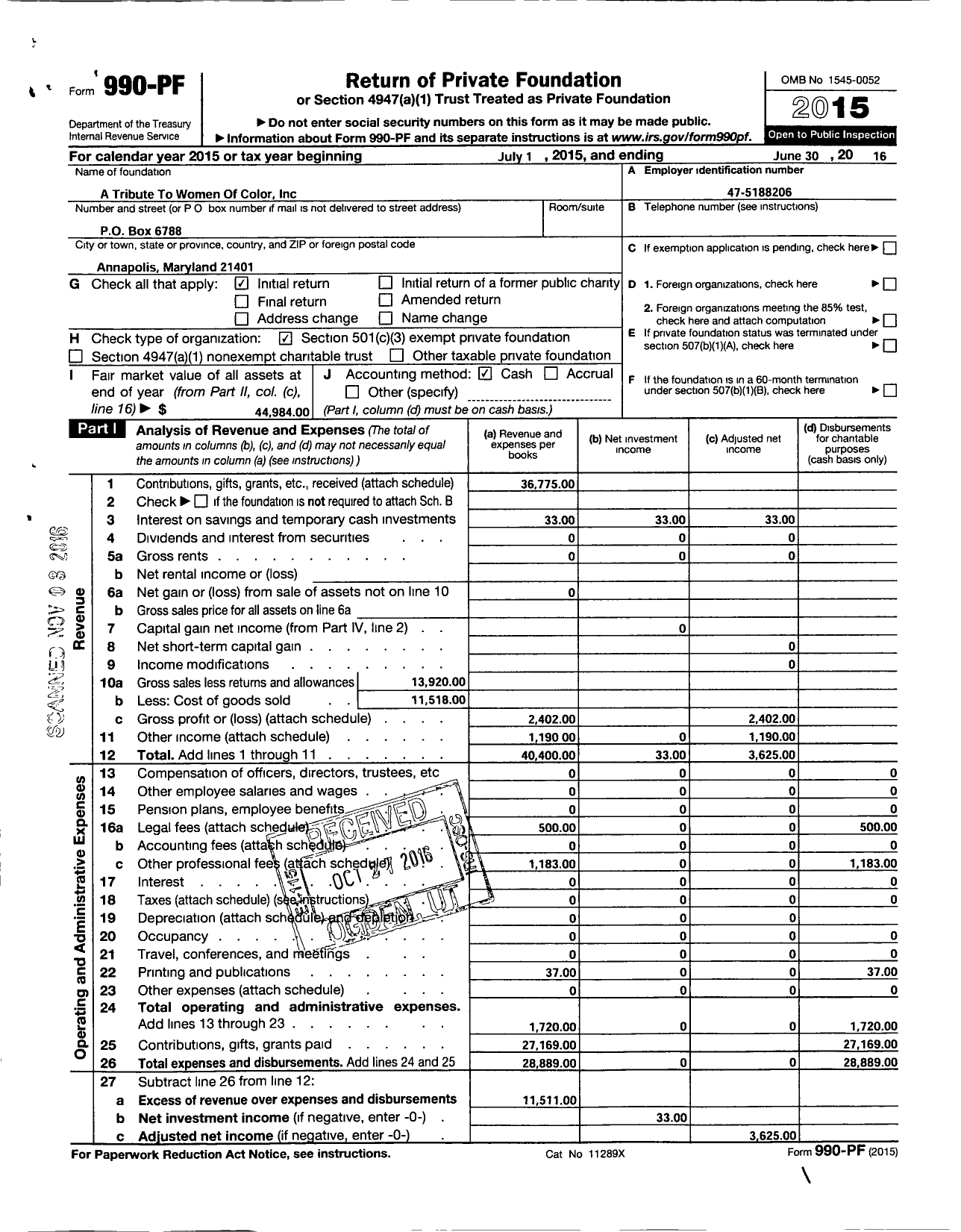 Image of first page of 2015 Form 990PF for A Tribute To Women of Color (ATWOC)