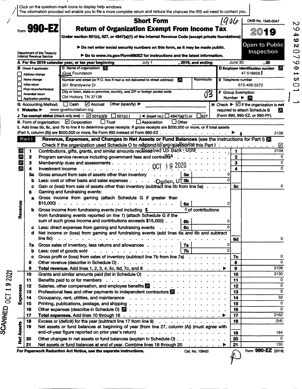 Image of first page of 2019 Form 990EZ for Igivefoundation