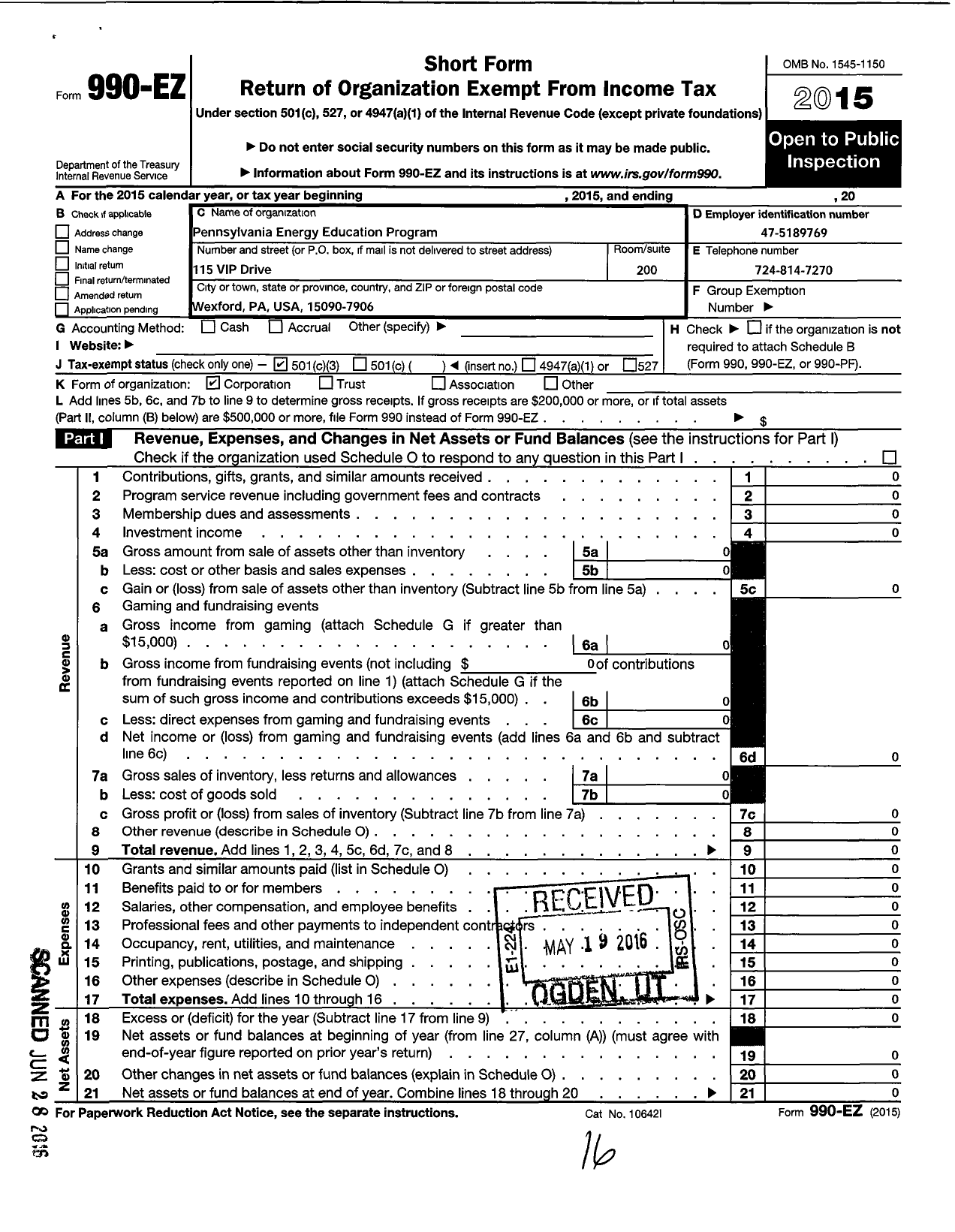 Image of first page of 2015 Form 990EZ for Pennsylvania Energy Education Program