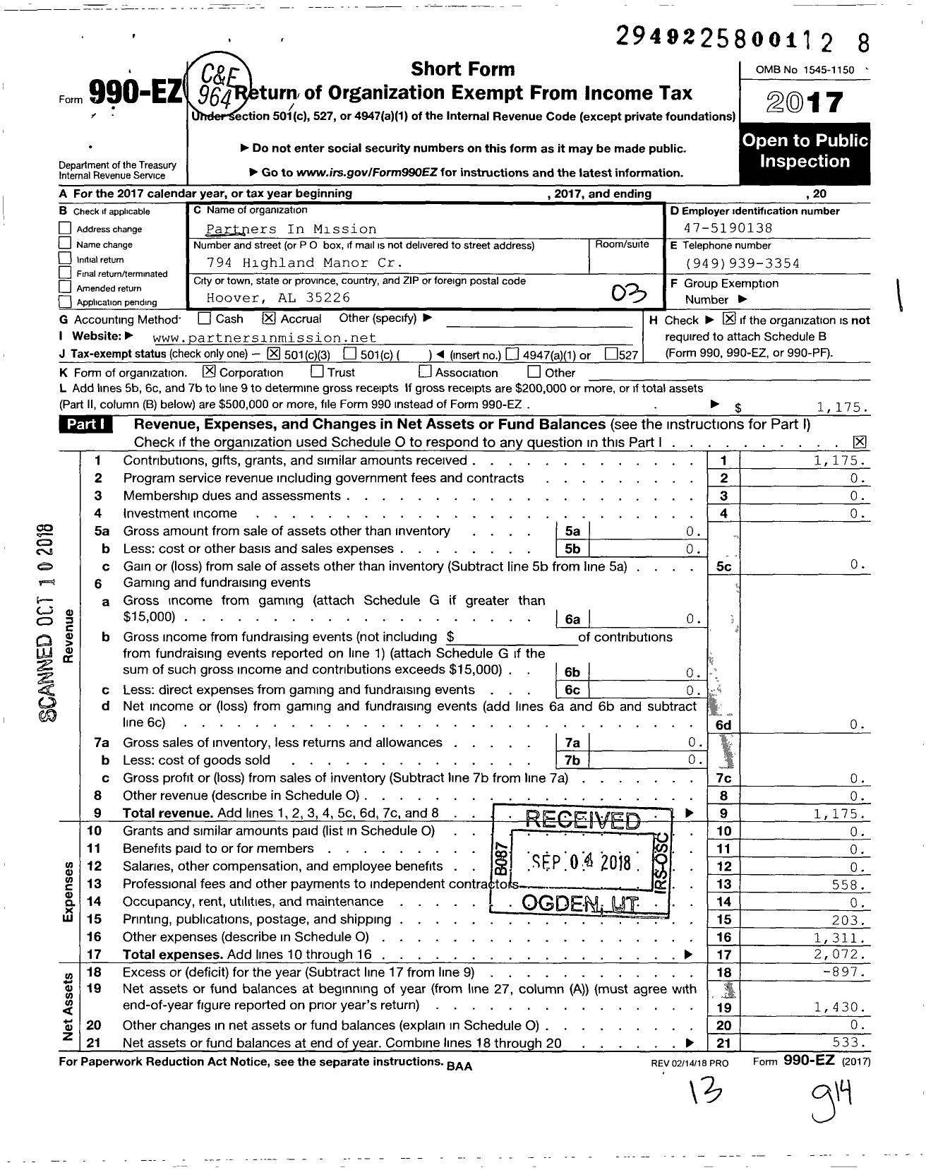 Image of first page of 2017 Form 990EZ for Partners In Mission