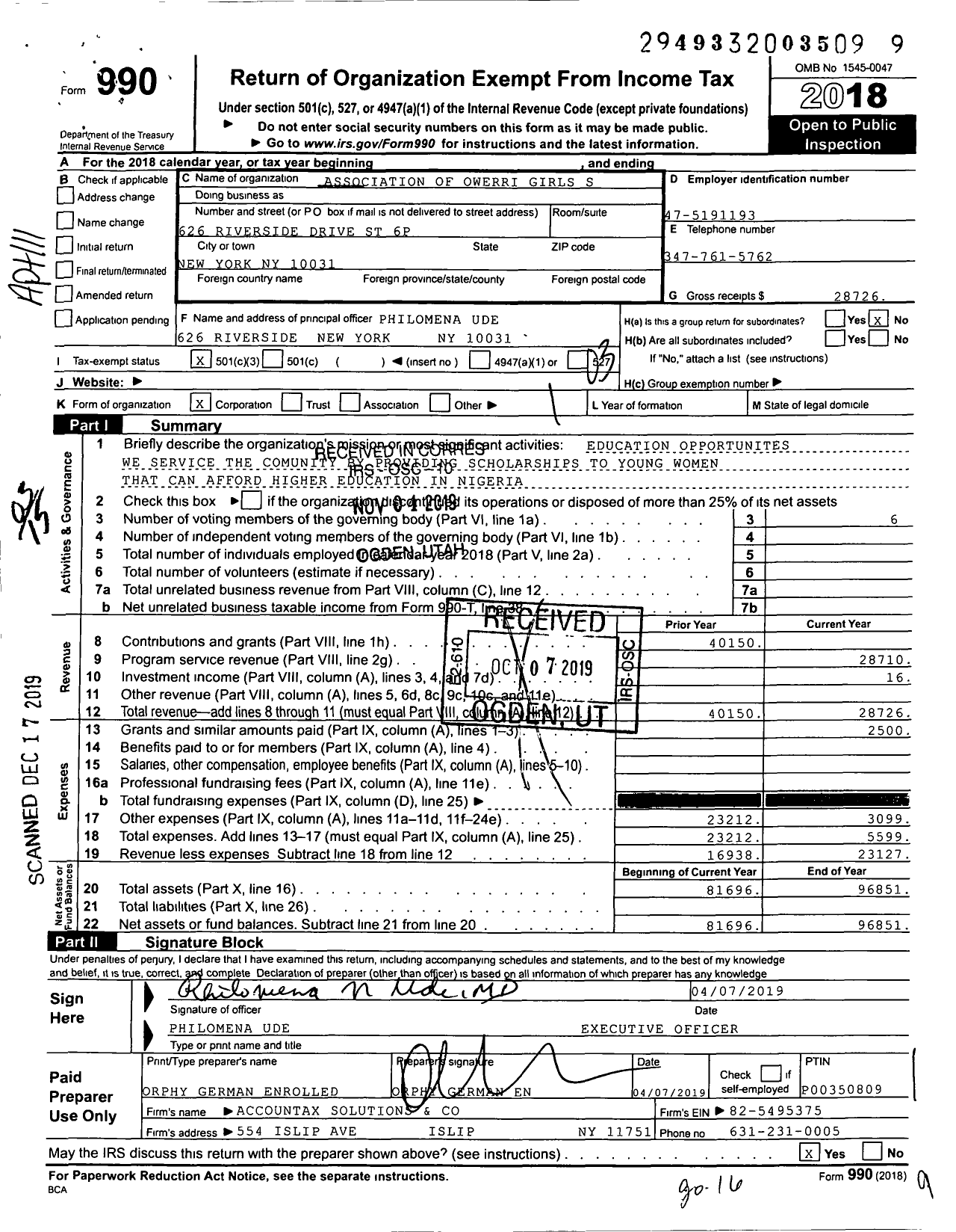 Image of first page of 2018 Form 990 for Association of Owerri Girls S