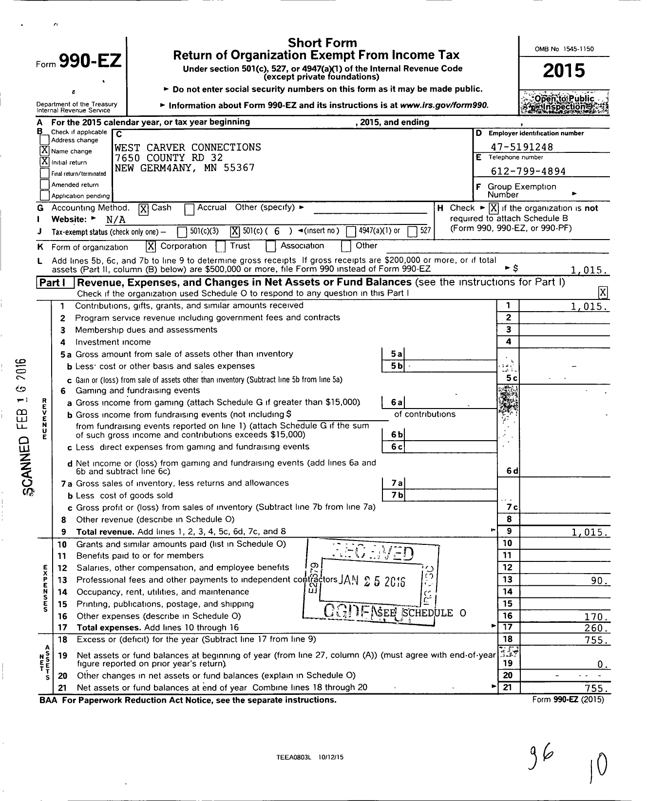 Image of first page of 2015 Form 990EO for West Carver Connections