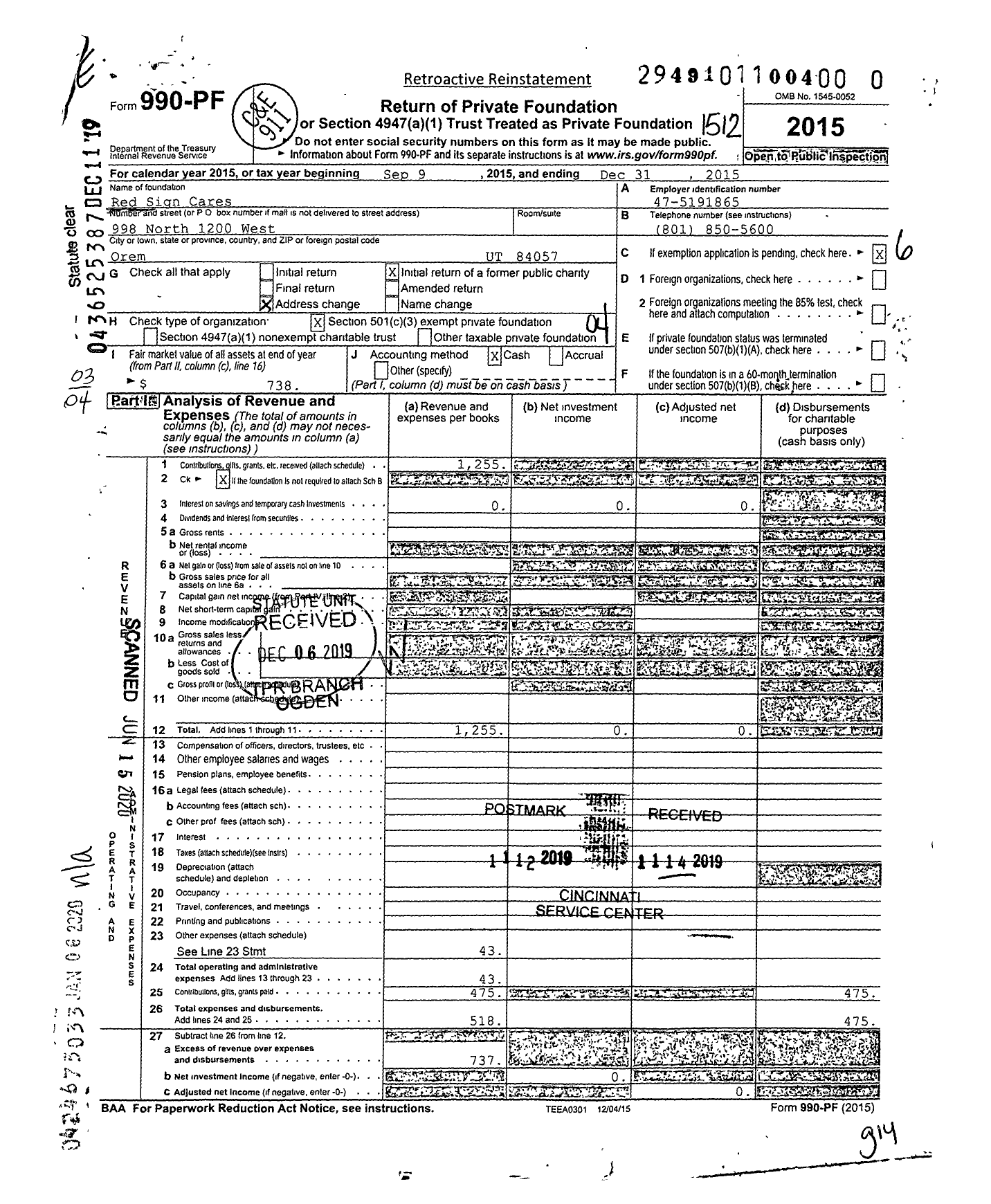 Image of first page of 2015 Form 990PR for Red Sign Cares