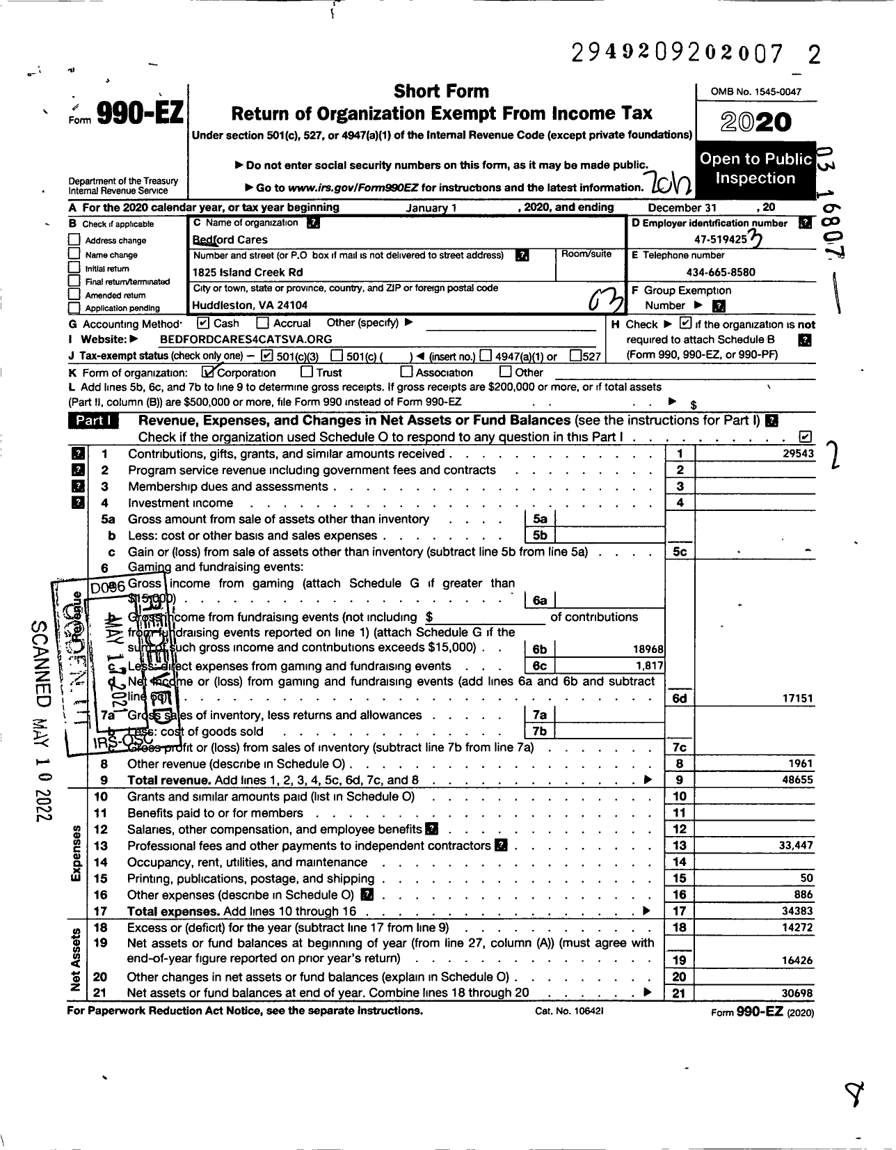 Image of first page of 2020 Form 990EZ for Bedford Cares