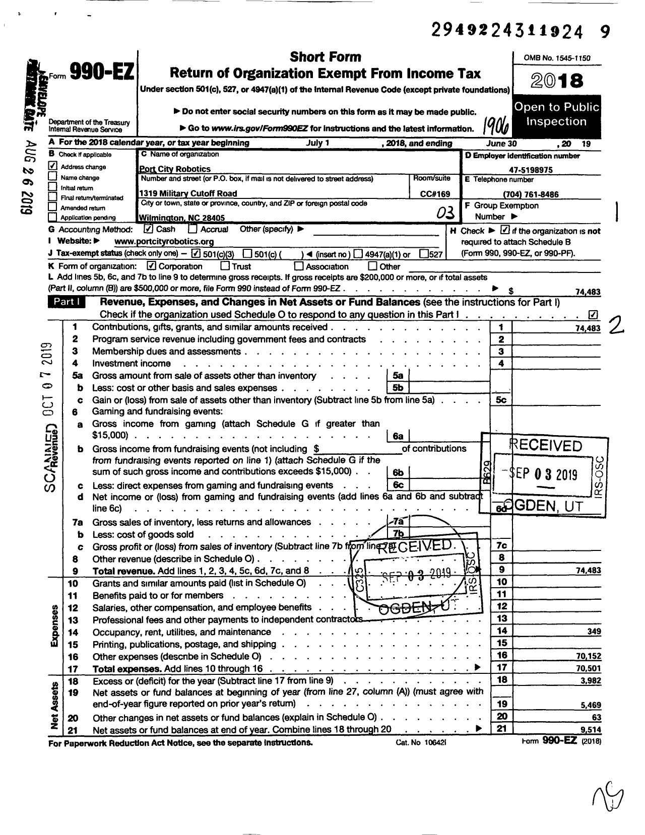 Image of first page of 2018 Form 990EZ for Port City Robotics