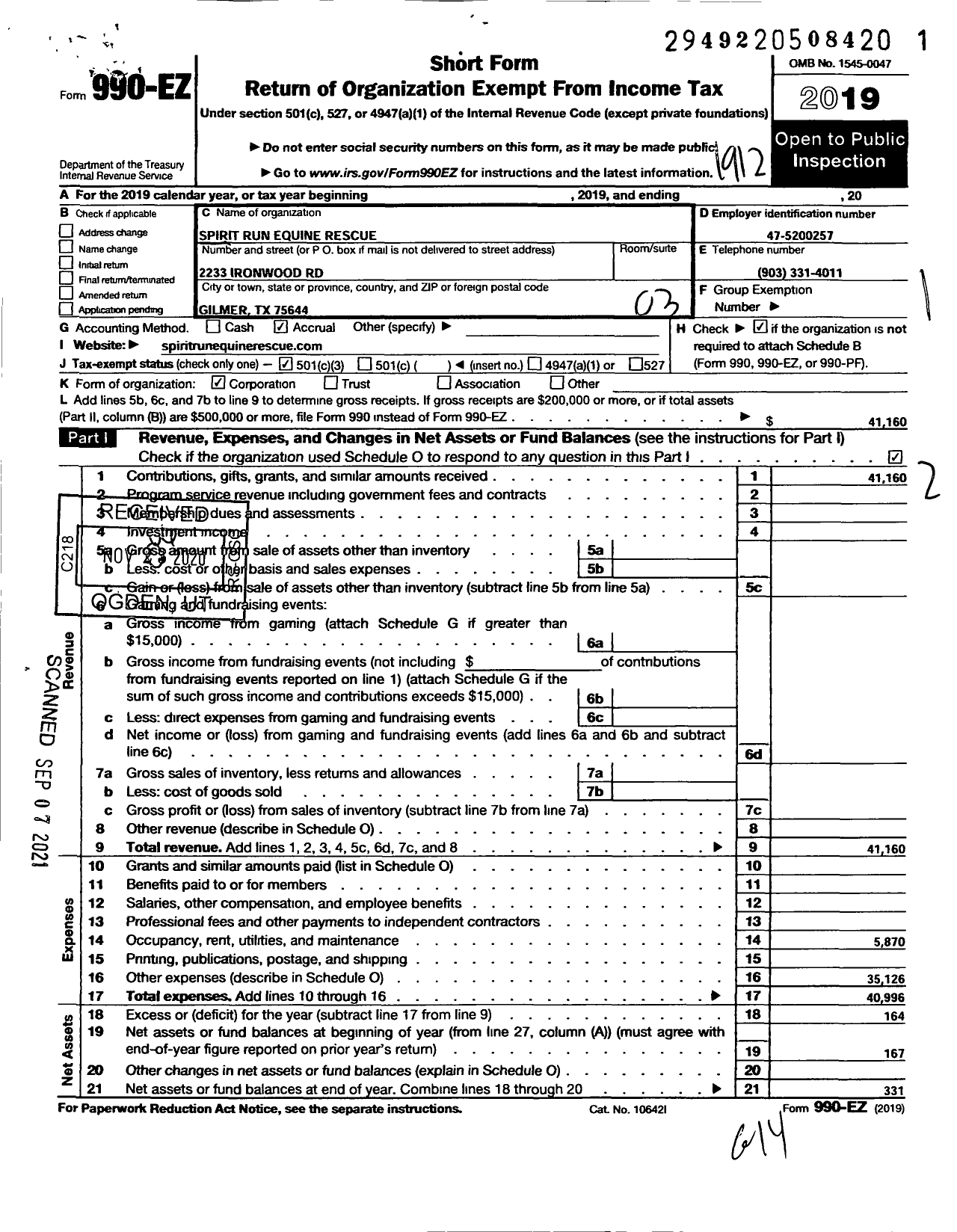 Image of first page of 2019 Form 990EZ for Spirit Run Equine Rescue