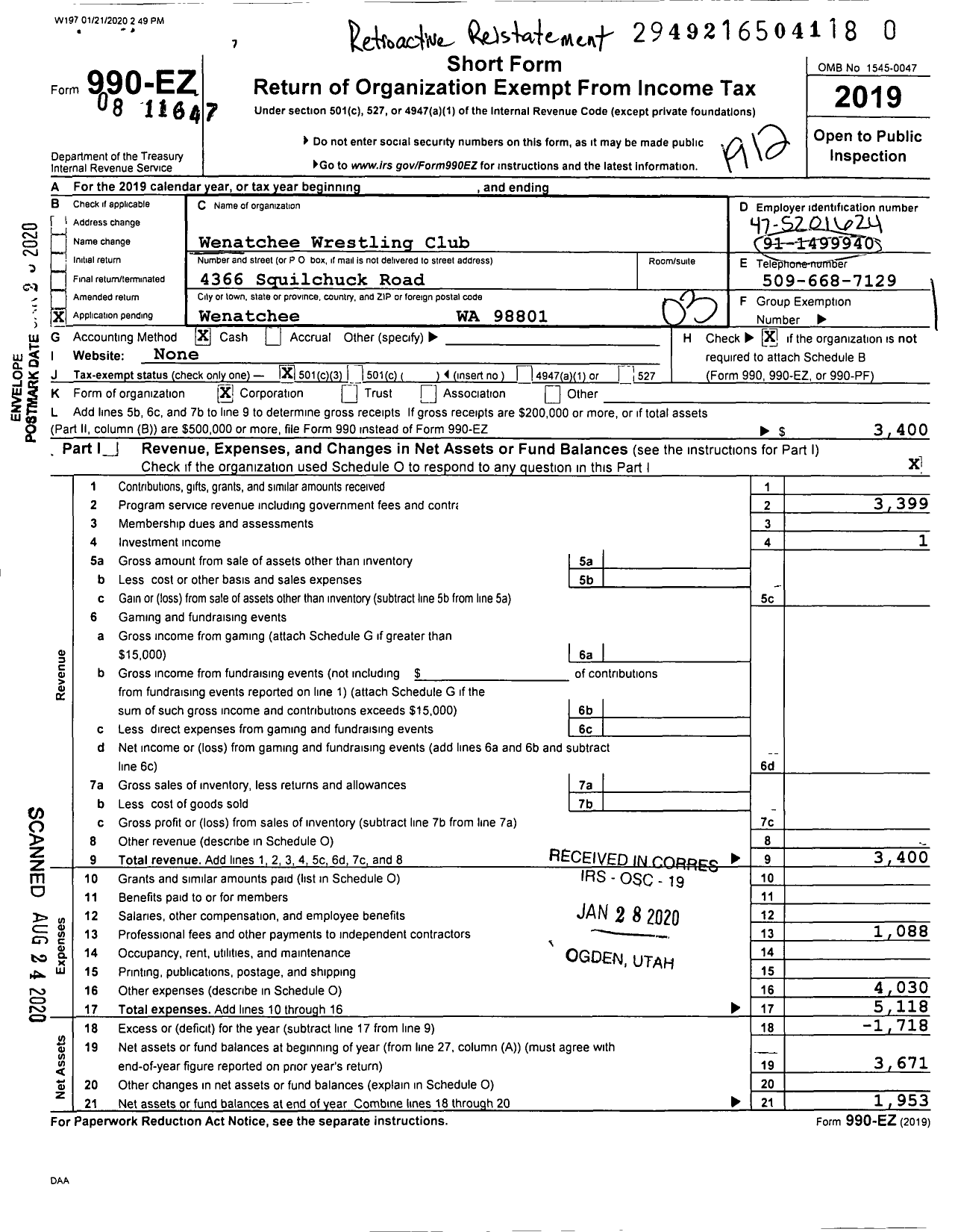 Image of first page of 2019 Form 990EZ for Wenatchee Wrestling Club