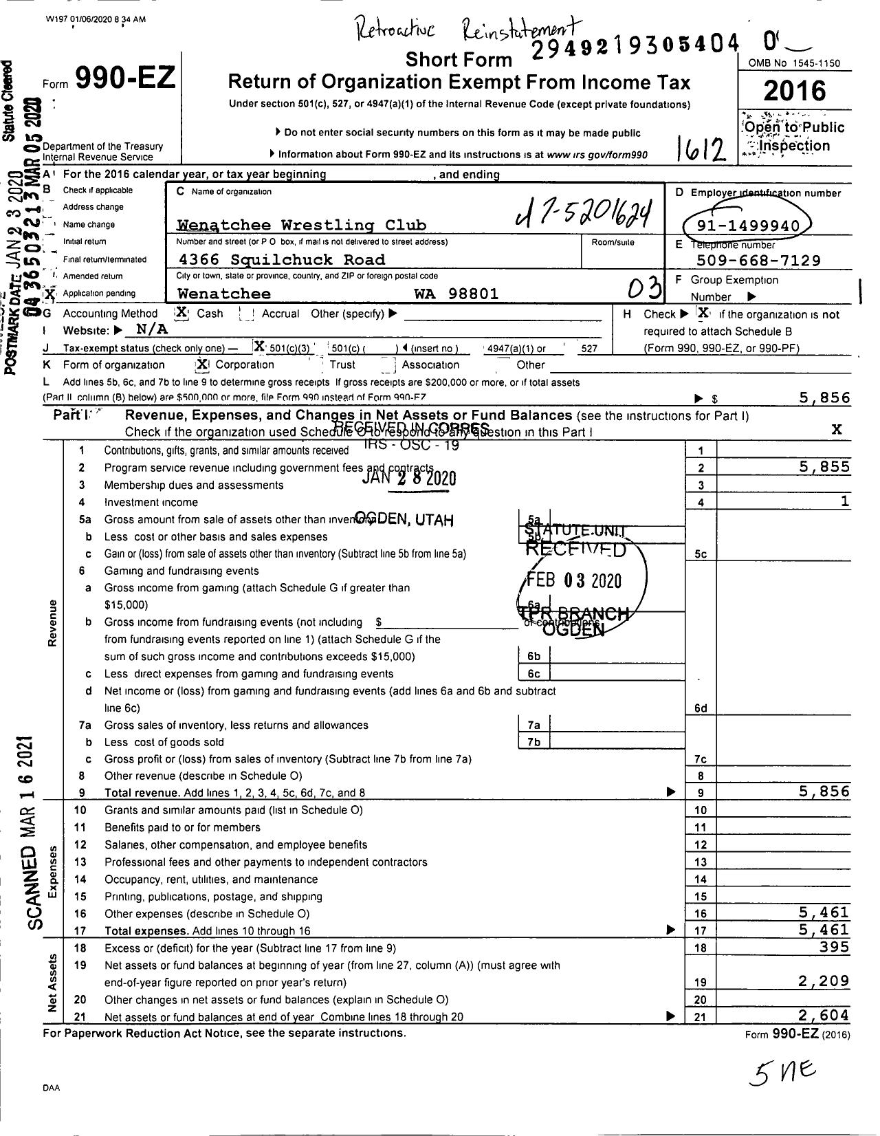 Image of first page of 2016 Form 990EZ for Wenatchee Wrestling Club