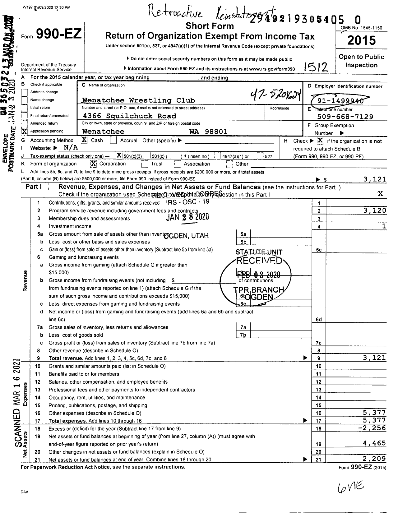 Image of first page of 2015 Form 990EZ for Wenatchee Wrestling Club