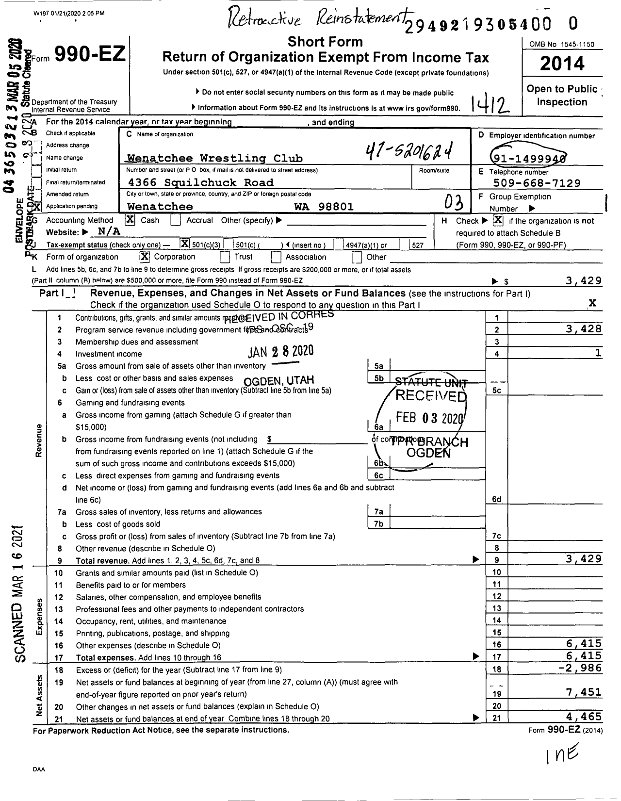 Image of first page of 2014 Form 990EZ for Wenatchee Wrestling Club