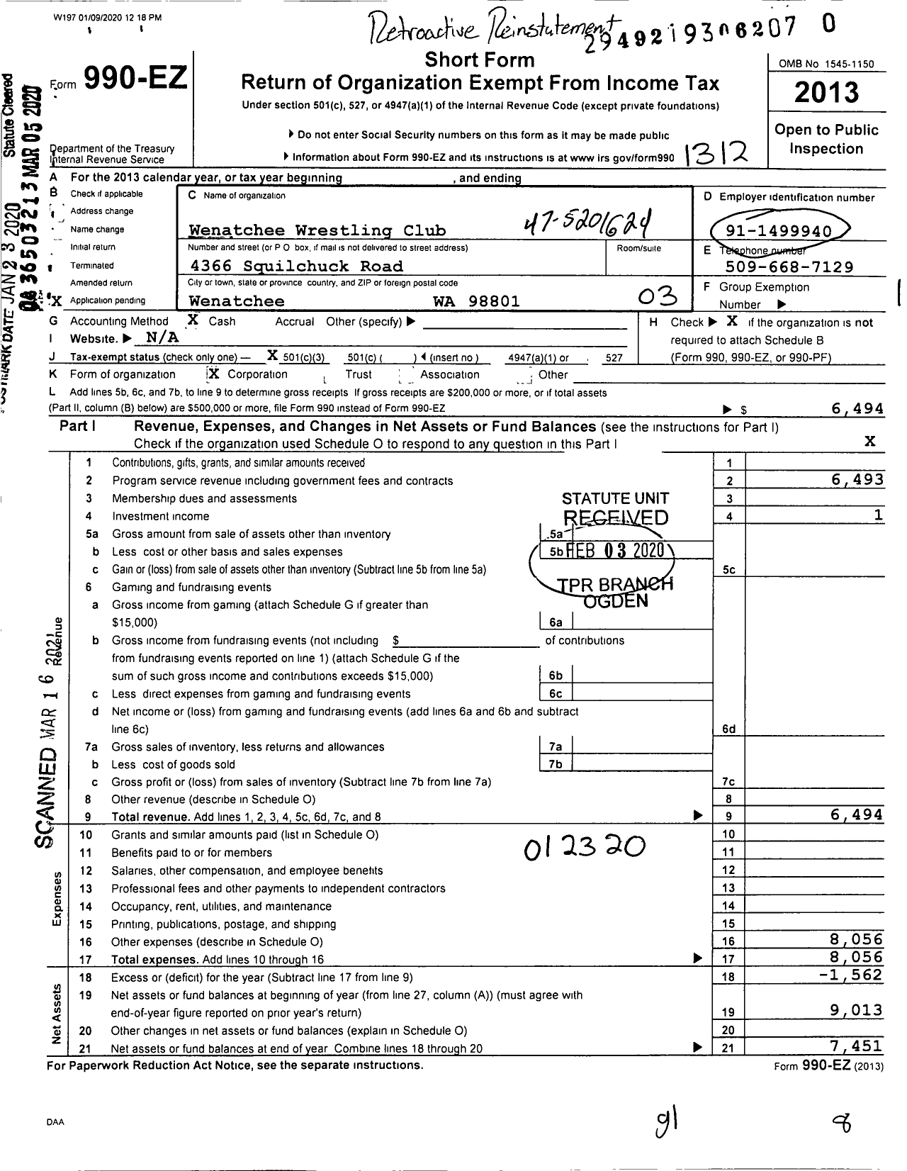 Image of first page of 2013 Form 990EZ for Wenatchee Wrestling Club