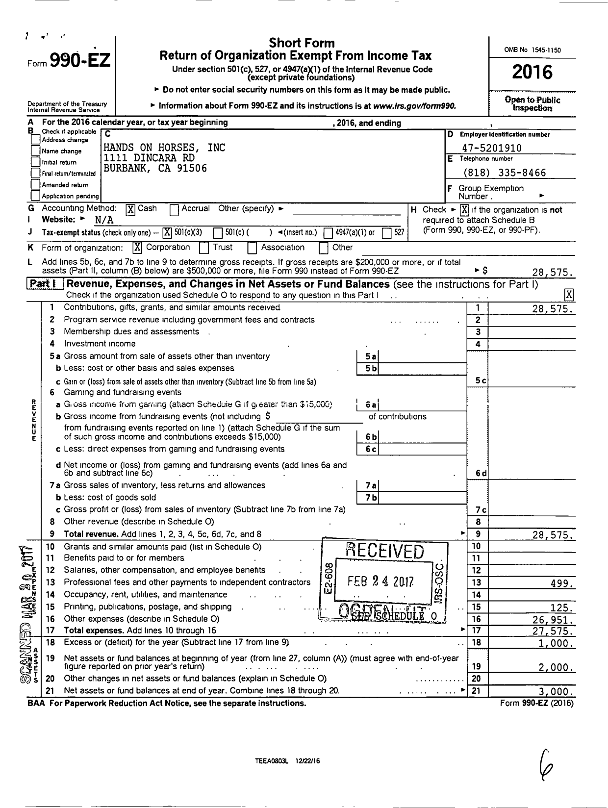 Image of first page of 2016 Form 990EZ for Hands on Horses