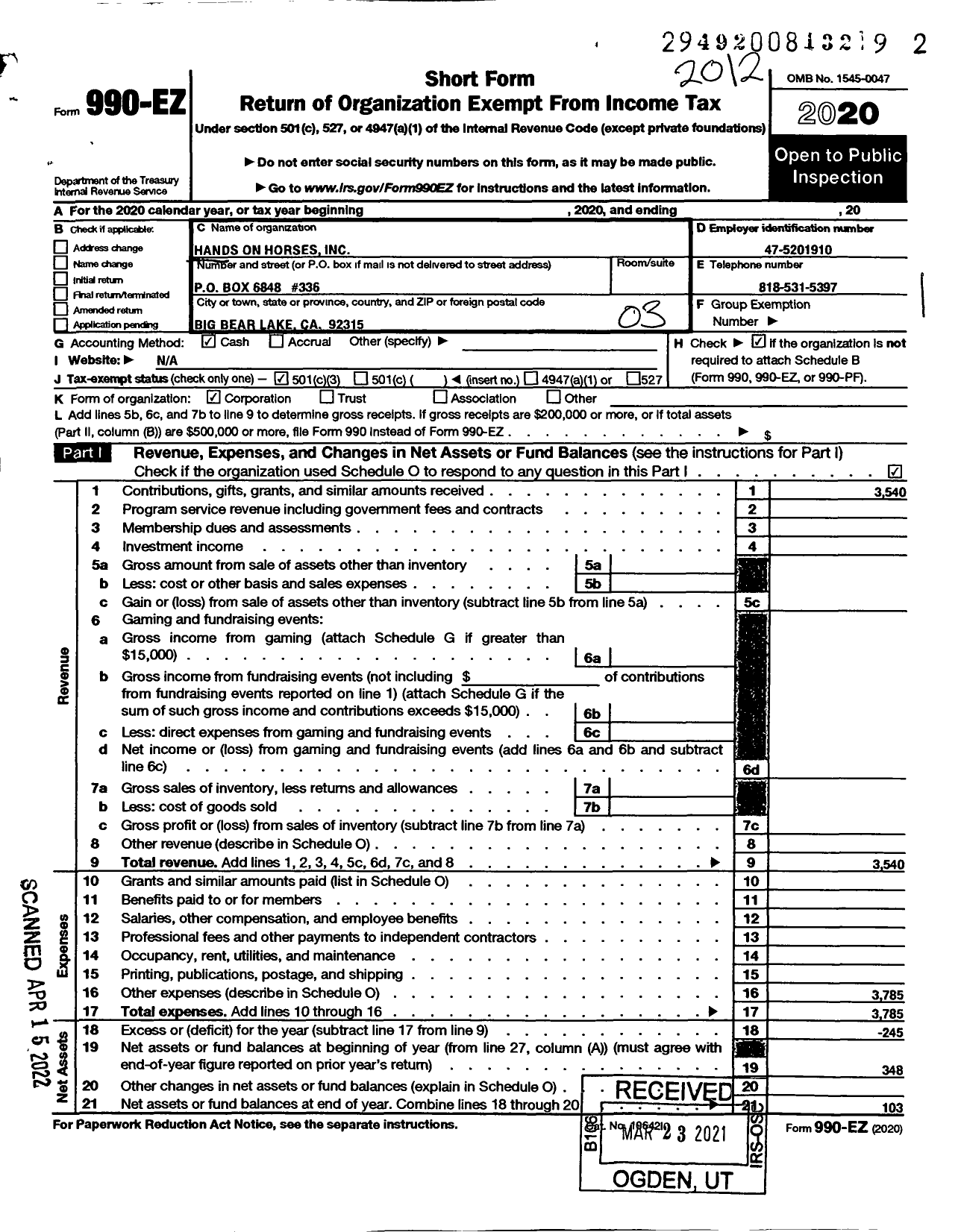 Image of first page of 2020 Form 990EZ for Hands on Horses