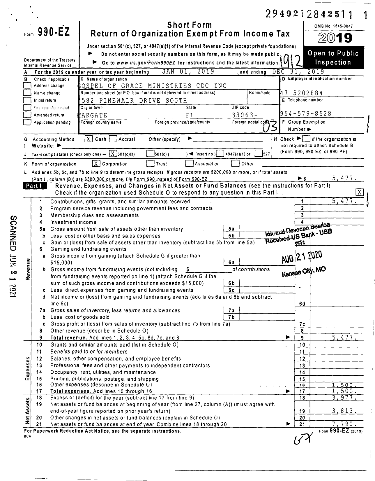 Image of first page of 2019 Form 990EZ for Gospel of Grace Ministries CDC