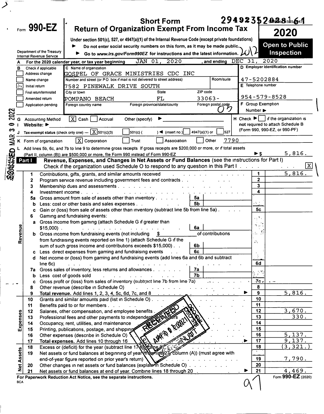 Image of first page of 2020 Form 990EZ for Gospel of Grace Ministries CDC