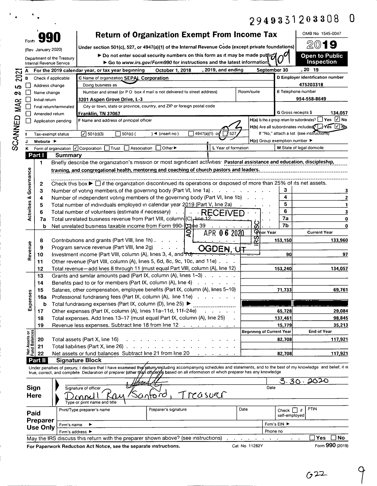 Image of first page of 2018 Form 990 for Sepal Corporation