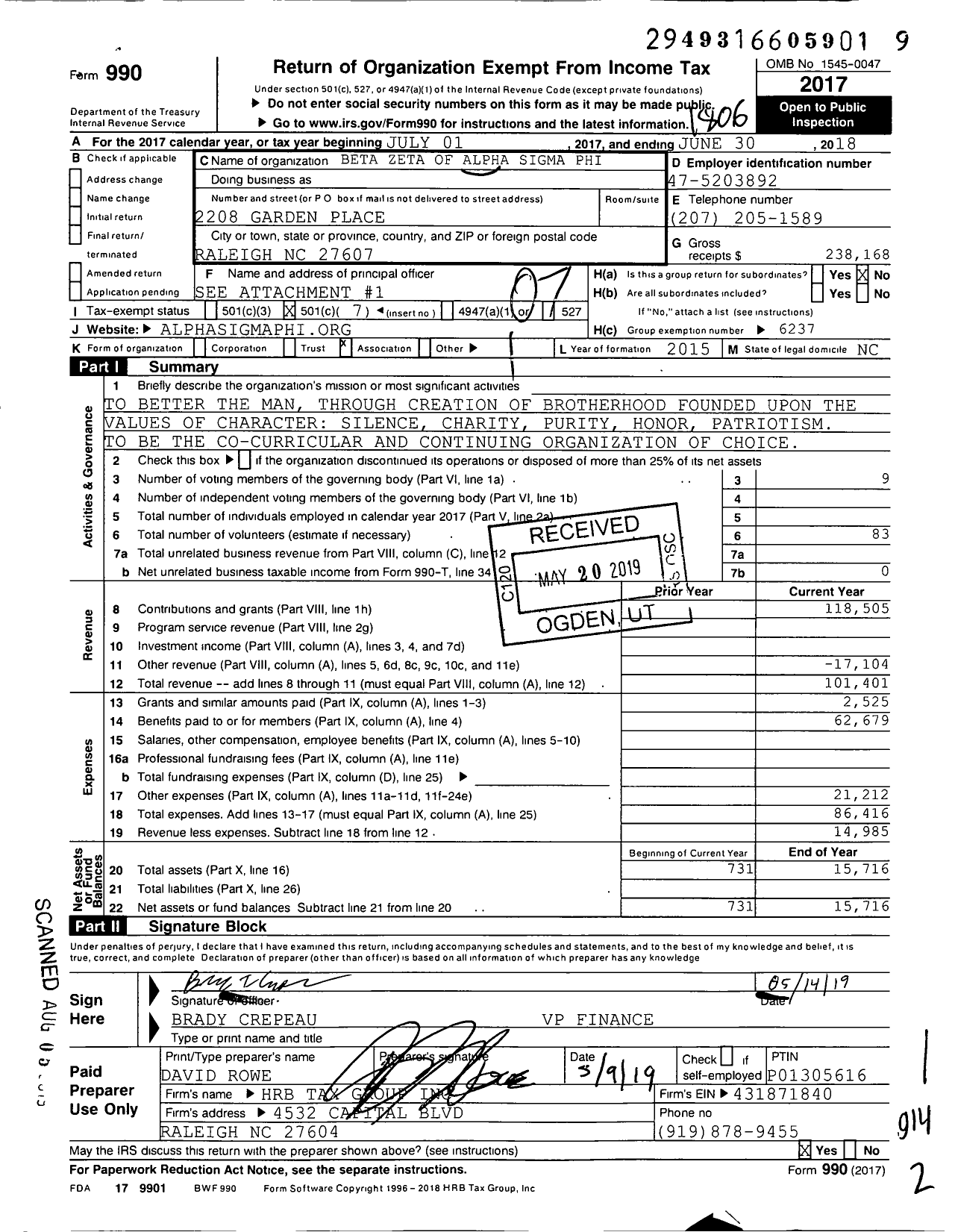 Image of first page of 2017 Form 990O for Alpha Sigma Phi Fraternity / Beta Zeta