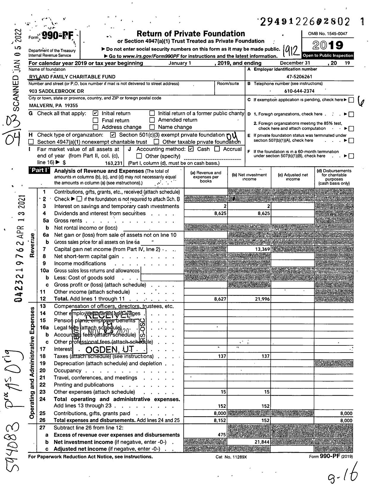 Image of first page of 2019 Form 990PF for Ryland Family Charitable Fund