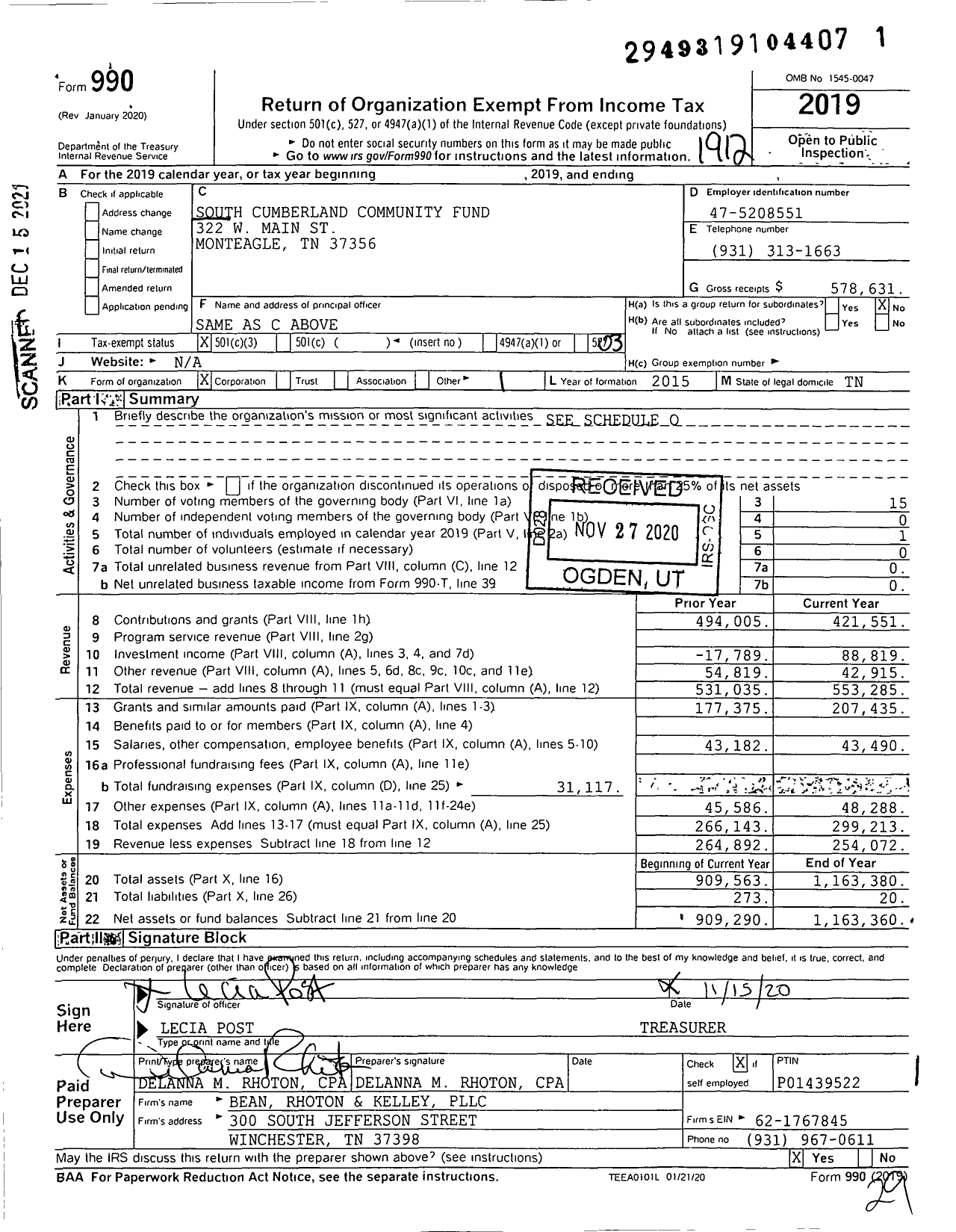 Image of first page of 2019 Form 990 for South Cumberland Community Fund