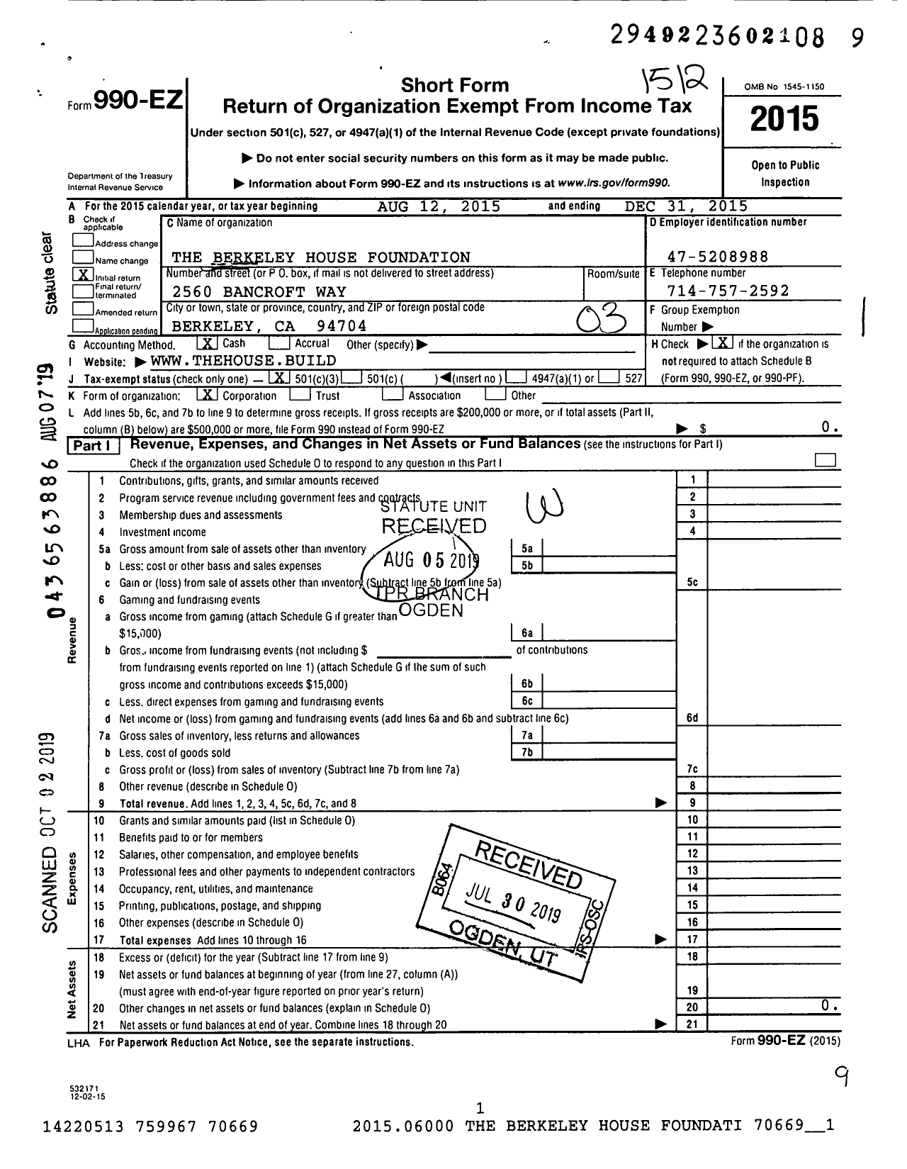 Image of first page of 2015 Form 990EZ for The Berkeley House Foundation