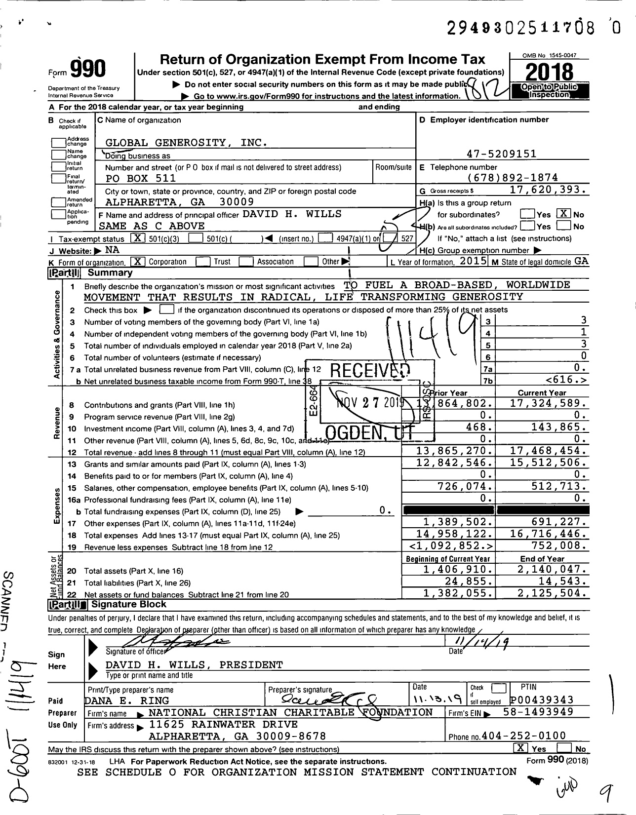 Image of first page of 2018 Form 990 for Global Generosity