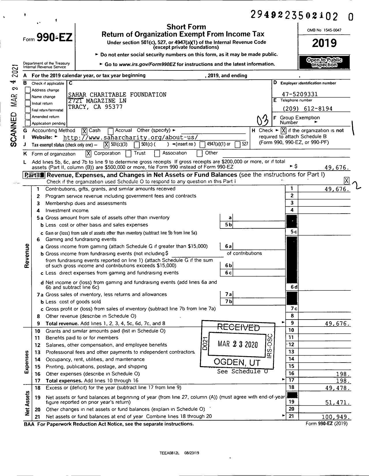 Image of first page of 2019 Form 990EZ for Sahar Charitable Foundation