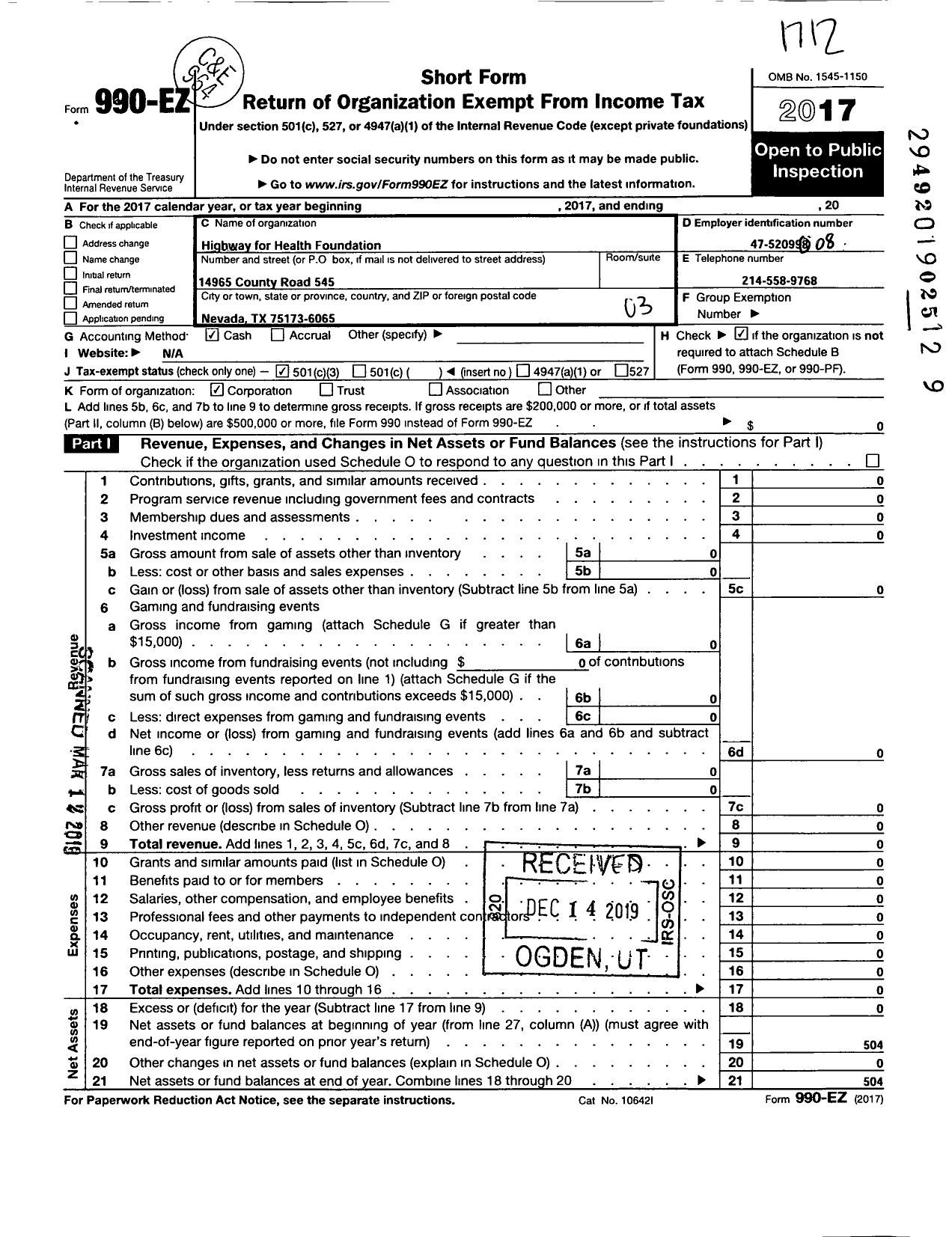 Image of first page of 2017 Form 990EZ for Highway for Health Foundation