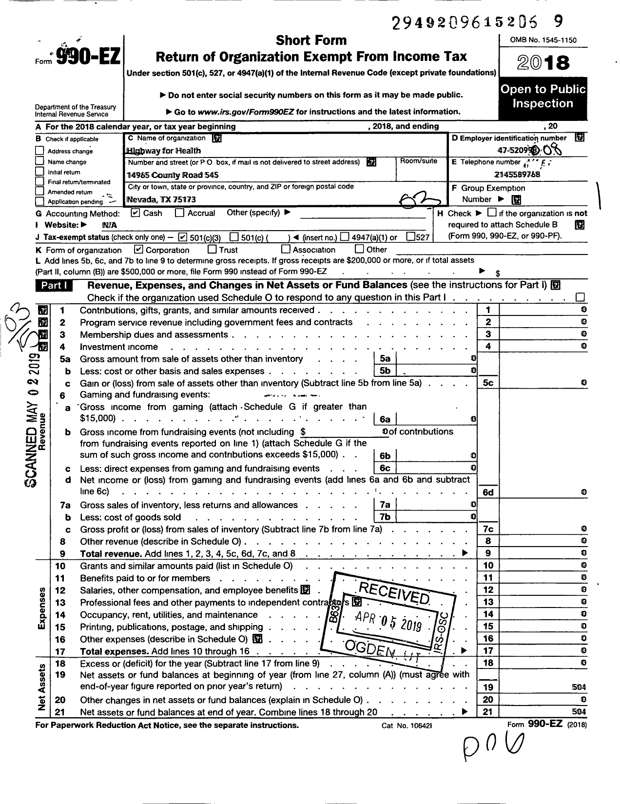 Image of first page of 2018 Form 990EZ for Highway for Health Foundation