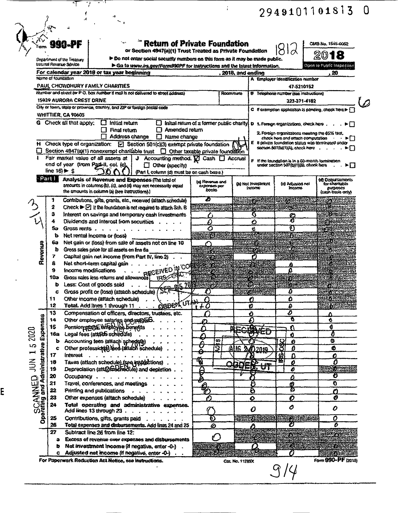 Image of first page of 2018 Form 990PR for Paul Chowdhury Family Charities