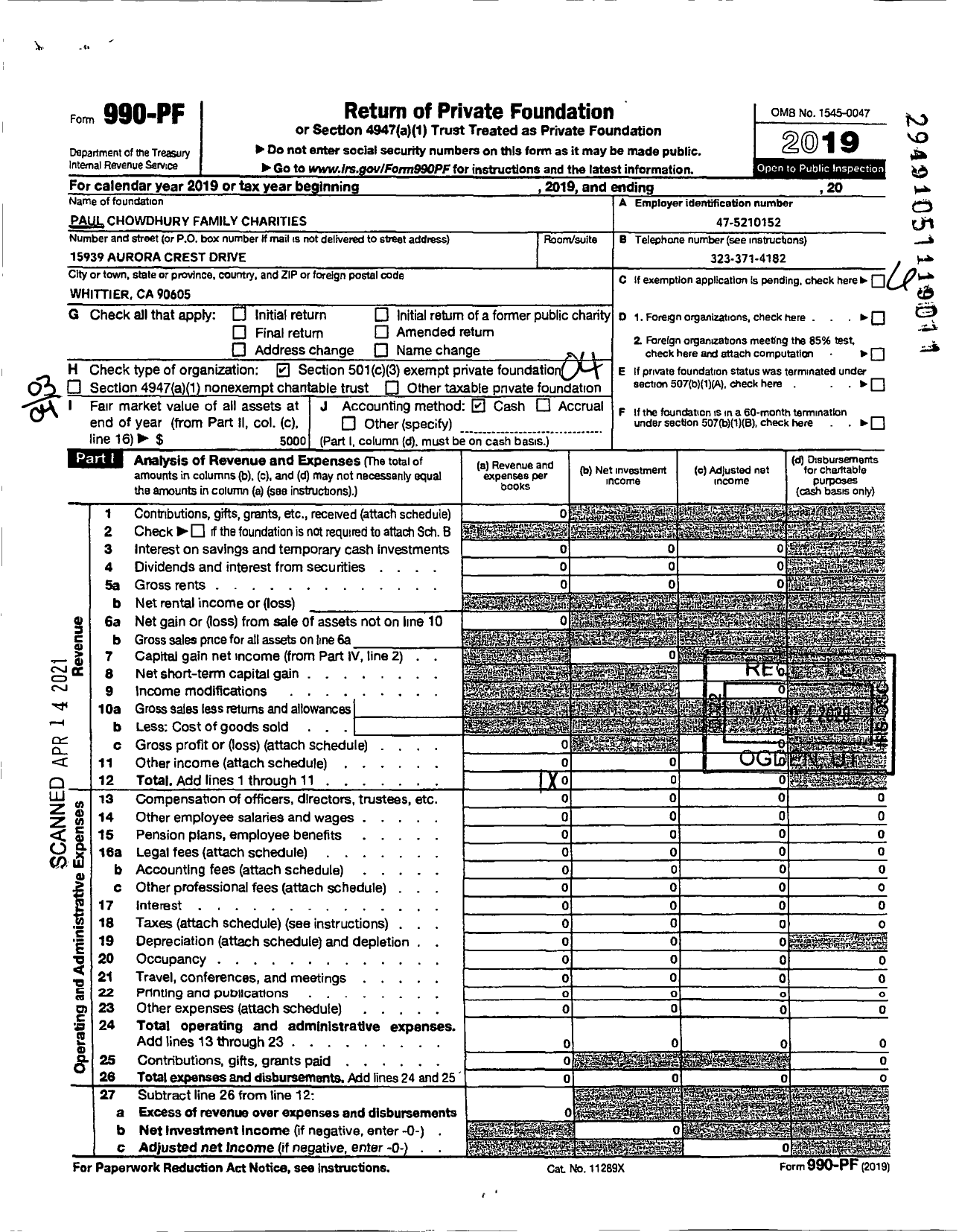 Image of first page of 2019 Form 990PF for Paul Chowdhury Family Charities