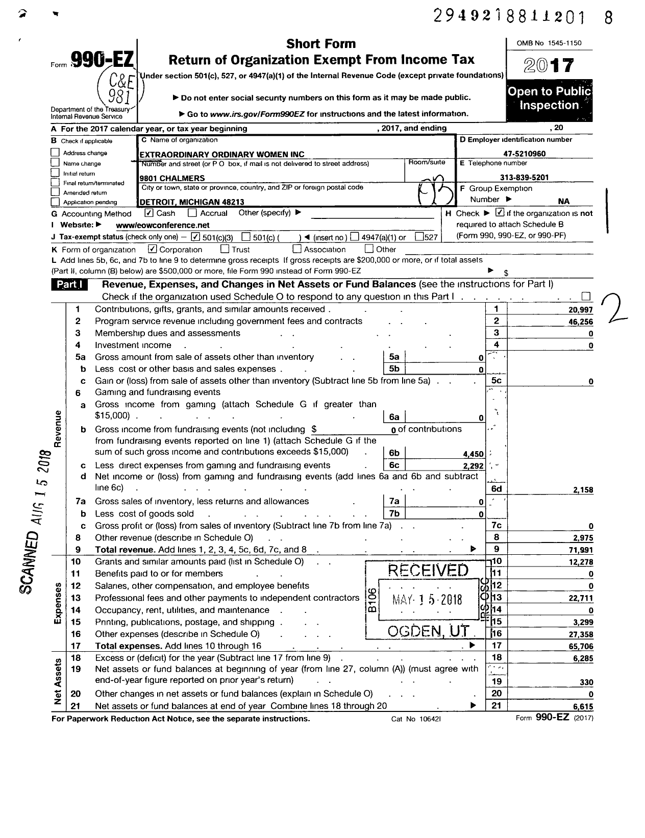 Image of first page of 2017 Form 990EZ for Extraordinary Ordinary Women (EOW)